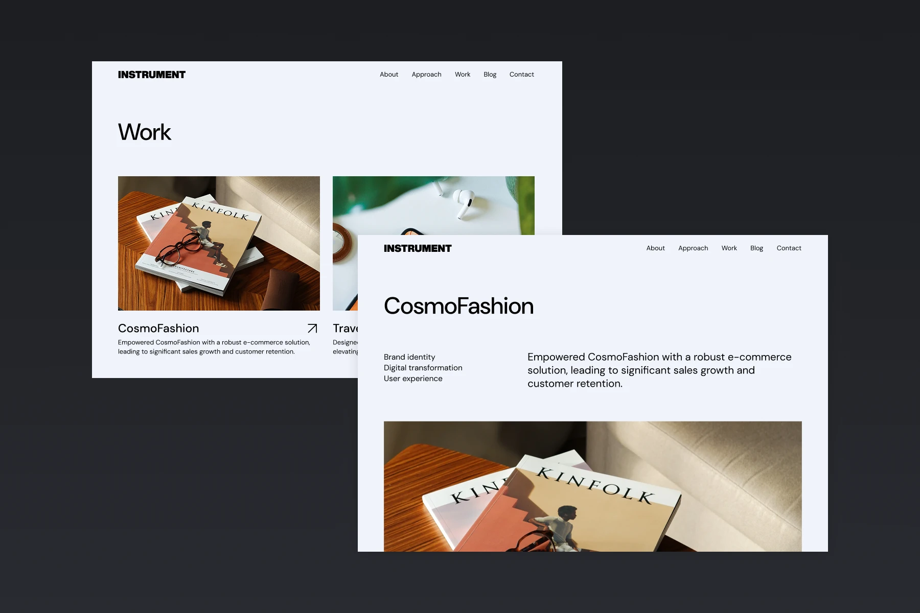 Website screenshots showing 'Work' section with CosmoFashion project featuring Kinfolk magazines on a wooden table.