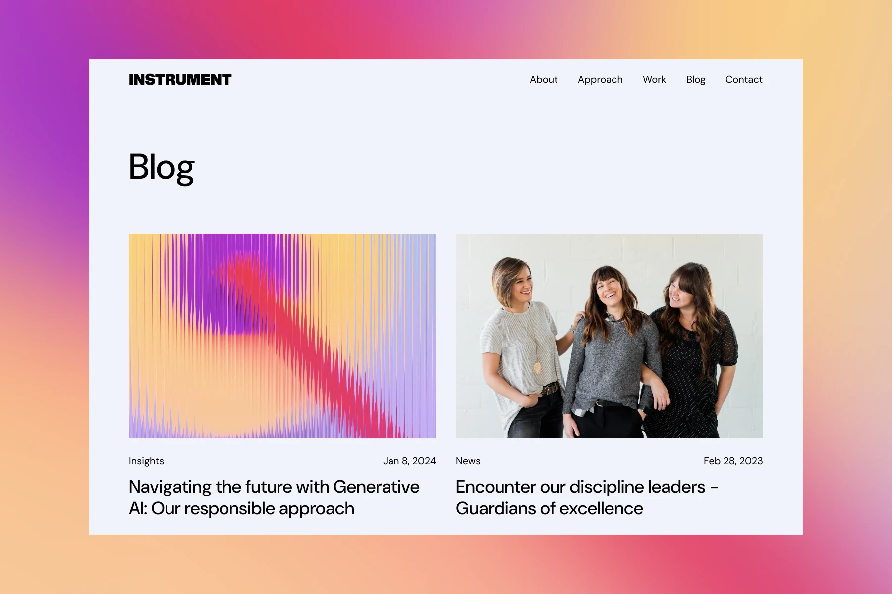 Website blog page showing two posts: one with abstract colorful art titled 'Navigating the future with Generative AI: Our responsible approach,' the other with three smiling women titled 'Encounter our discipline leaders – Guardians of excellence.'
