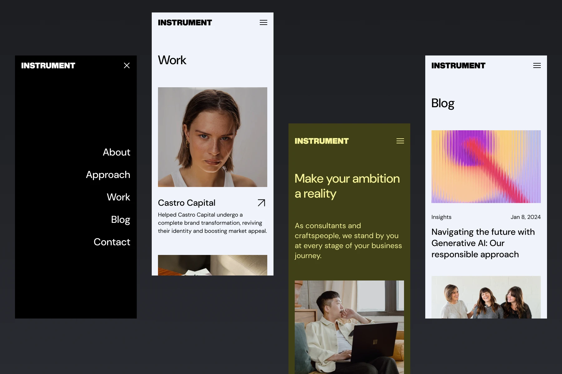 Four mobile screens showing different sections of a website named INSTRUMENT: a dark menu with options; a Work page with a portrait of a woman and project description; a motivational message with a man using a laptop; and a Blog page with a colorful abstract image and a photo of three smiling women.
