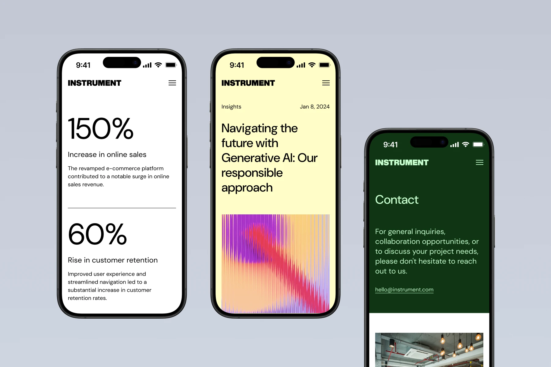 Three smartphones displaying different pages of the INSTRUMENT website: online sales stats, an article on generative AI, and a contact page with an email address.