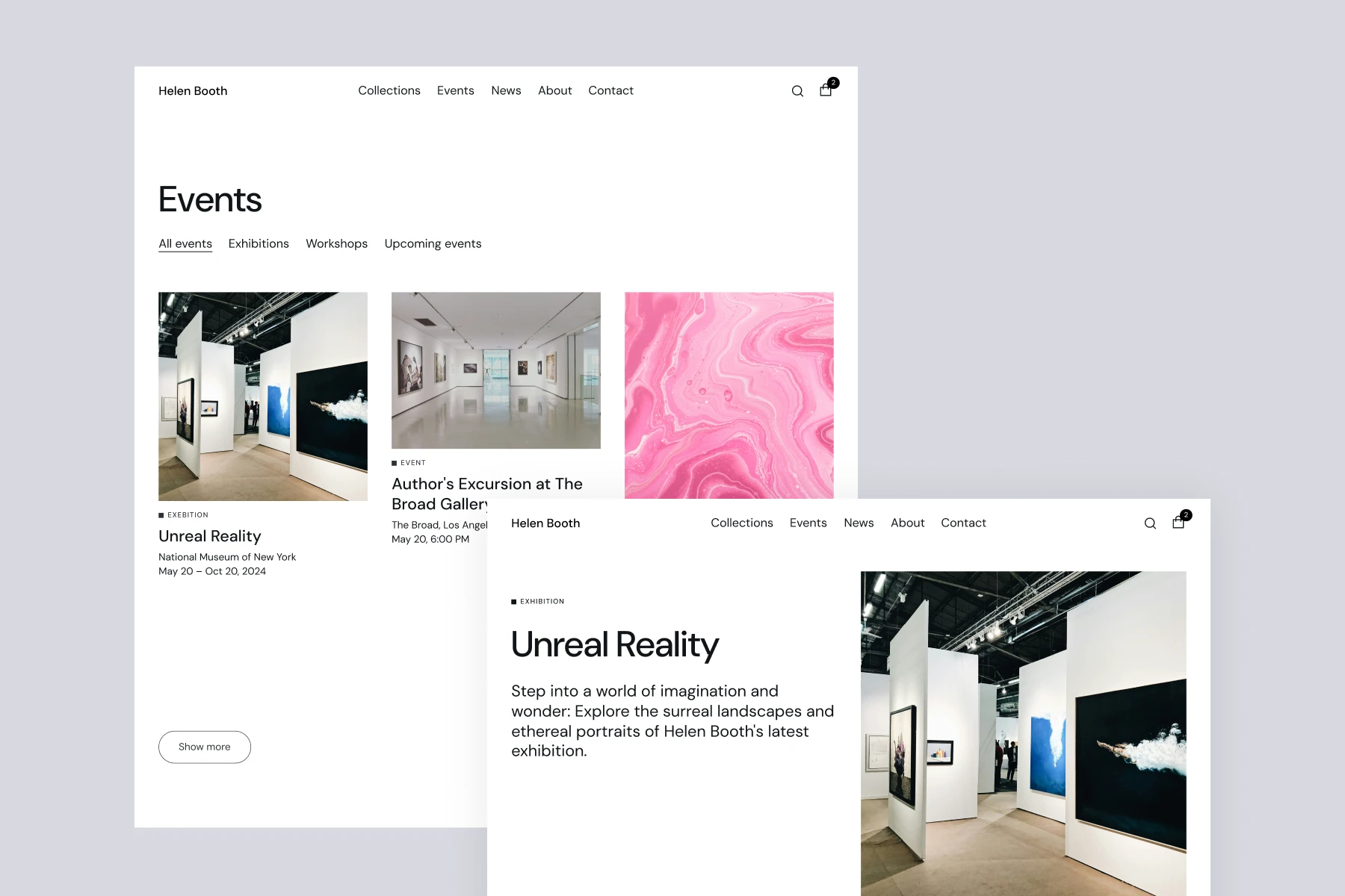 Website interface showing art events including an exhibition titled 'Unreal Reality' with gallery images and event details.
