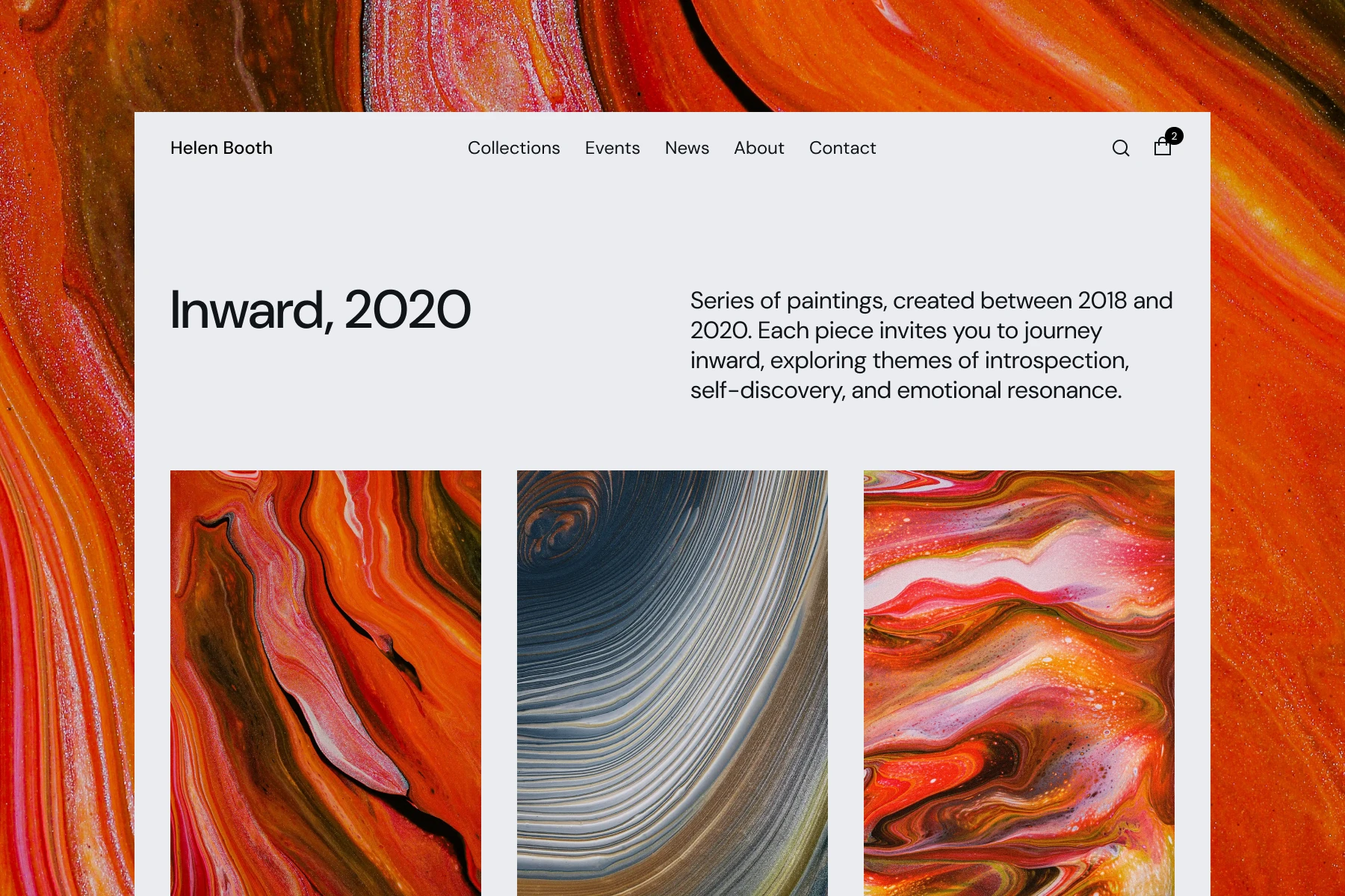Website section titled 'Inward, 2020' describing a series of introspective paintings, showing three abstract artworks with swirling patterns in red, orange, and blue tones.