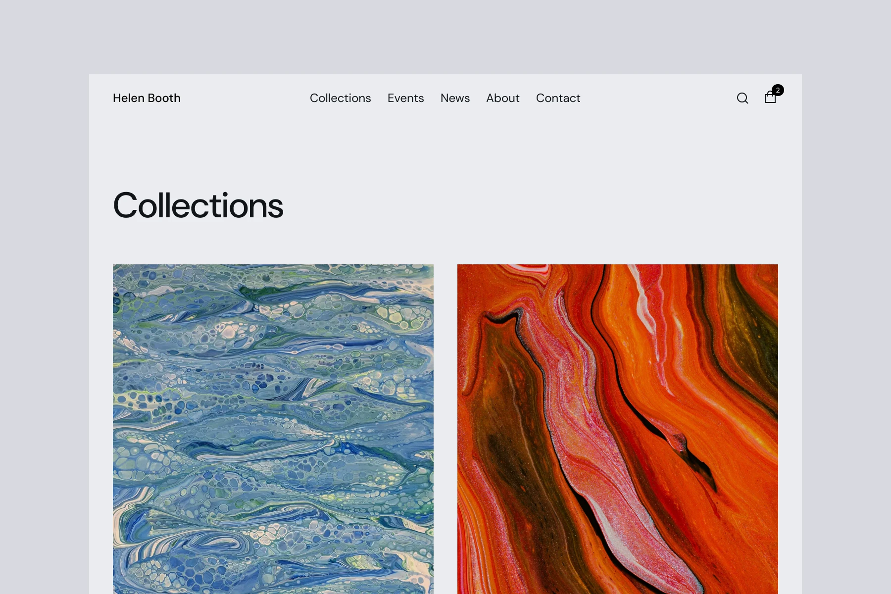 Website page titled Collections displaying two abstract fluid art paintings, one with blue and green hues and the other with red and orange hues.