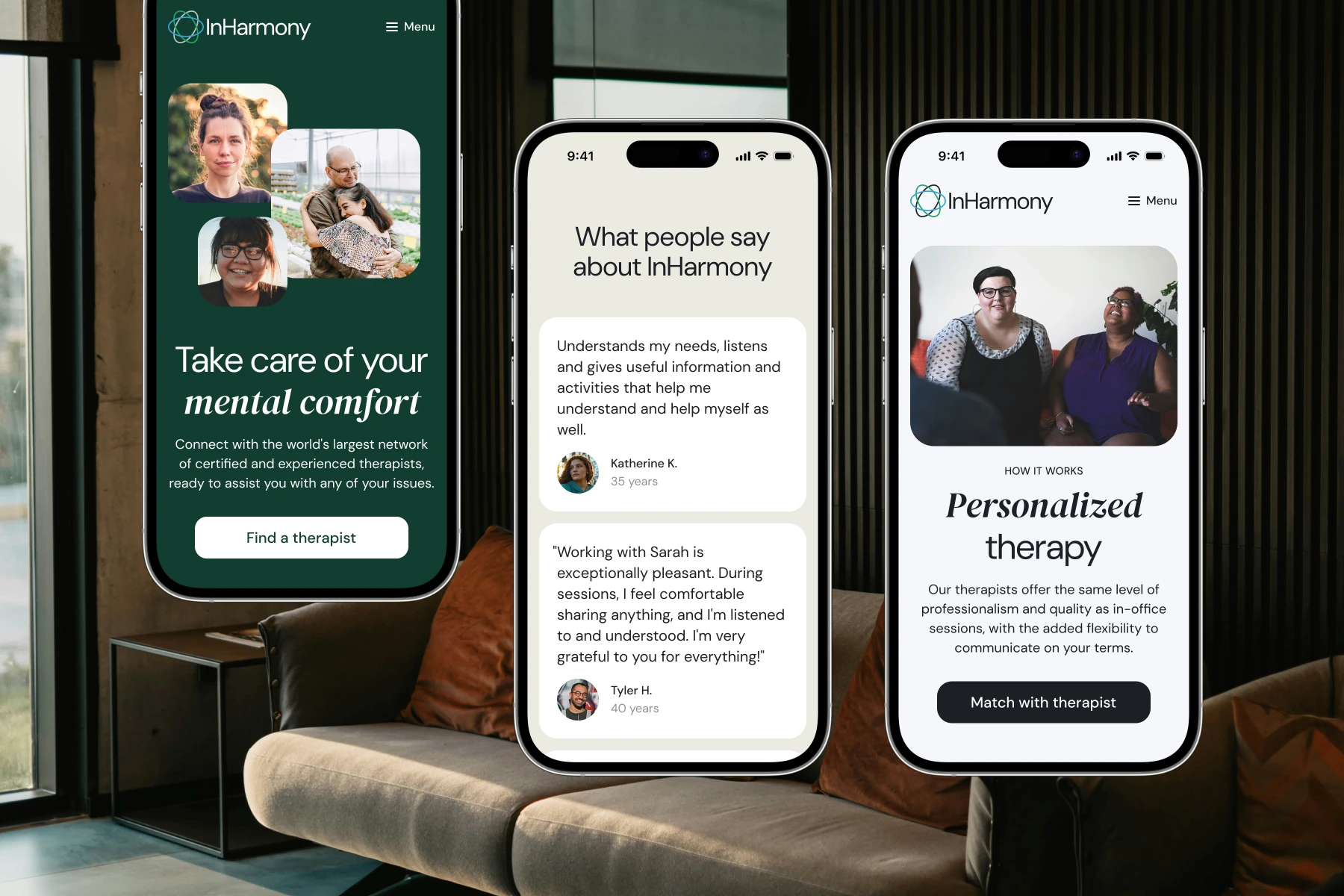 Three smartphones showing the InHarmony app: left screen with therapist portraits and 'Take care of your mental comfort' text; middle screen with client testimonials; right screen featuring personalized therapy description with two women smiling.