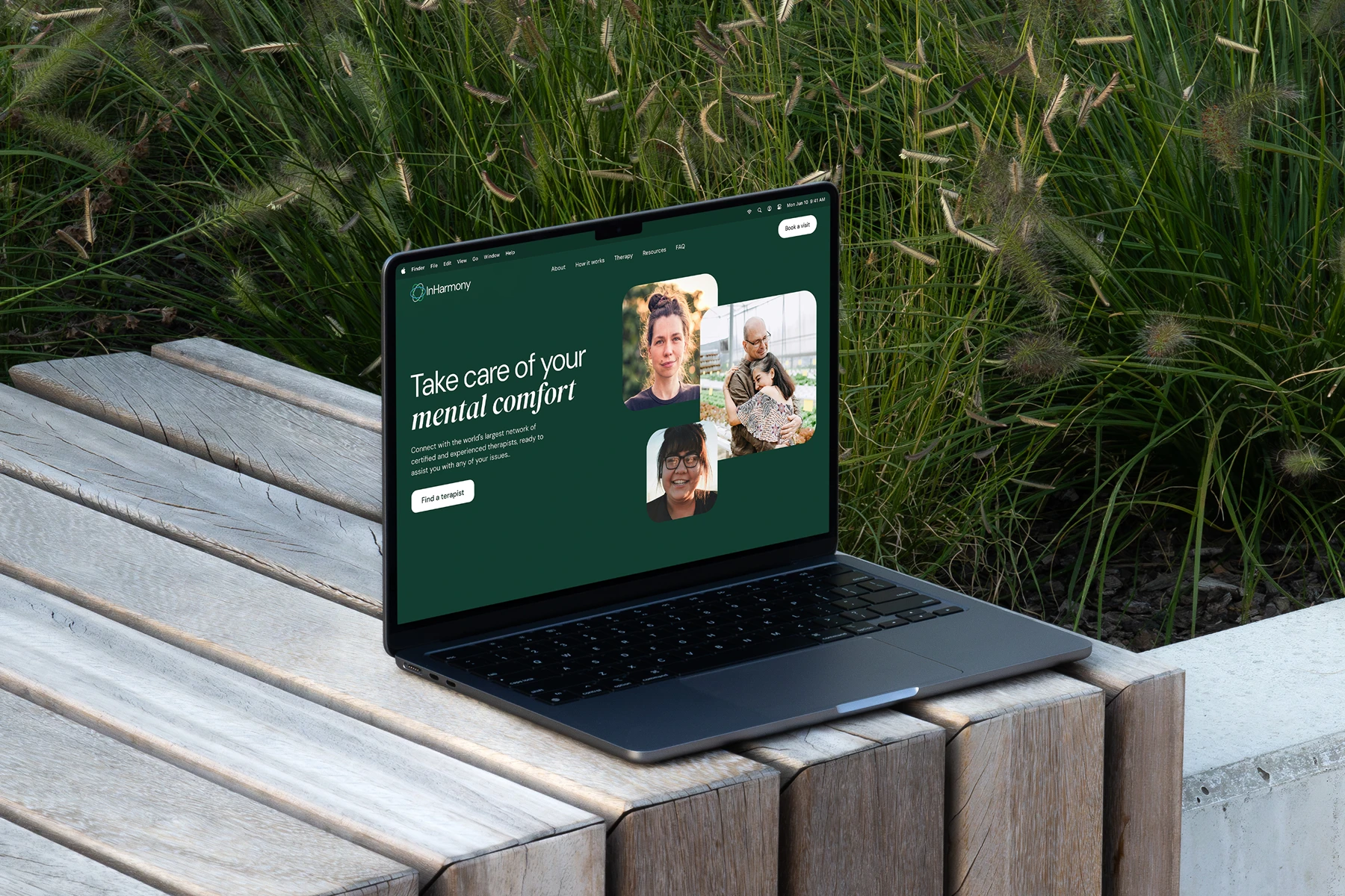 Laptop on wooden bench displaying InHarmony website homepage about mental comfort and therapy services.