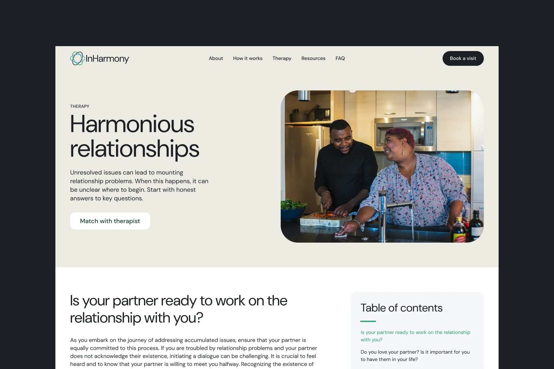 Website section titled 'Harmonious relationships' with a photo of a smiling couple in a kitchen preparing food together.
