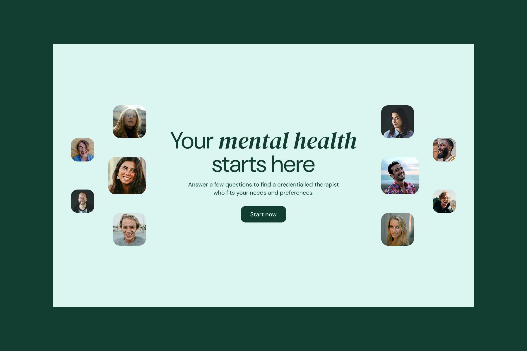 Website banner with the text 'Your mental health starts here' surrounded by smiling faces and a 'Start now' button.