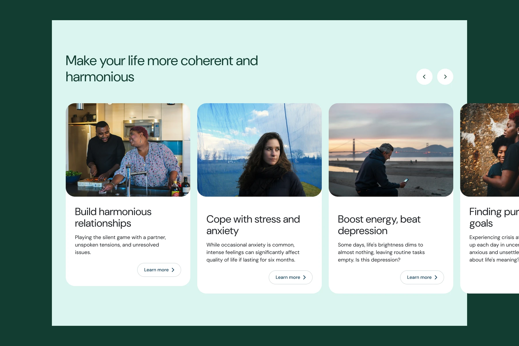 Webpage section titled 'Make your life more coherent and harmonious' showing cards about building harmonious relationships, coping with stress and anxiety, and boosting energy to beat depression with corresponding images.