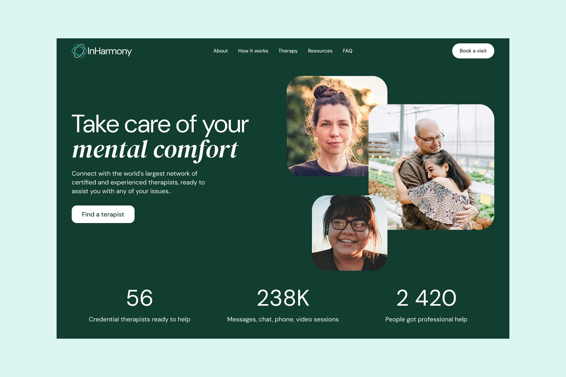 Website homepage for InHarmony showing three people smiling, with text encouraging mental comfort and therapy services.