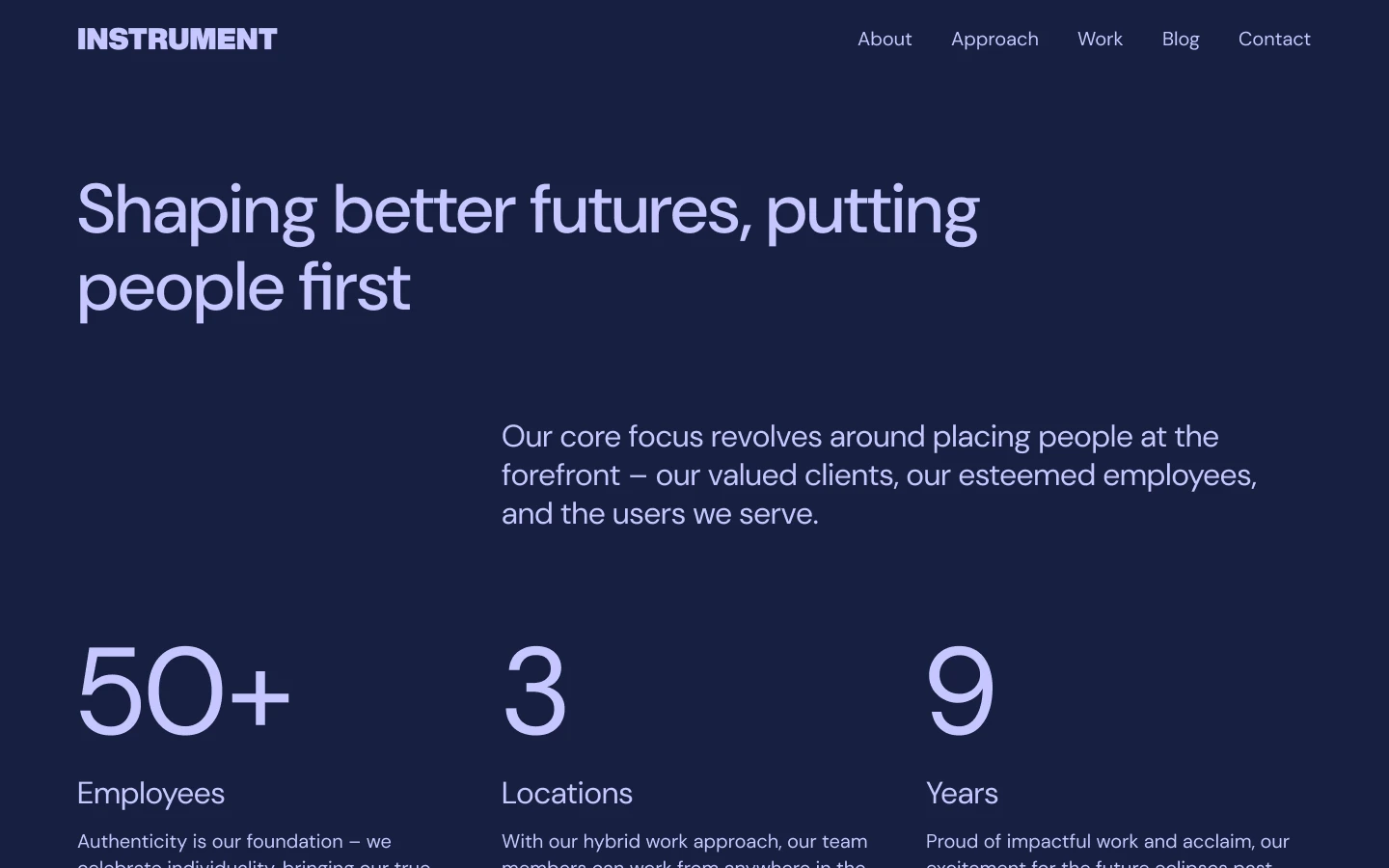 Website homepage for INSTRUMENT with tagline 'Shaping better futures, putting people first' and statistics: 50+ employees, 3 locations, 9 years.