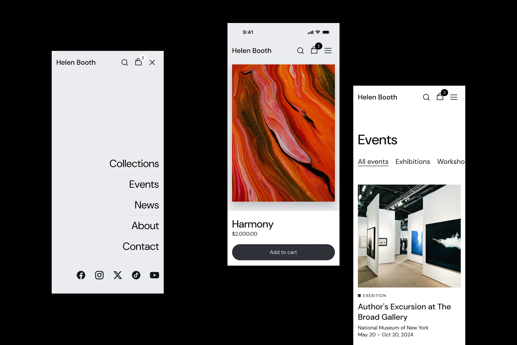 Three mobile screens of Helen Booth’s art website showing navigation menu with social icons, an artwork titled Harmony priced at $2,000 with Add to cart button, and an events page featuring an art exhibition at The Broad Gallery in New York.