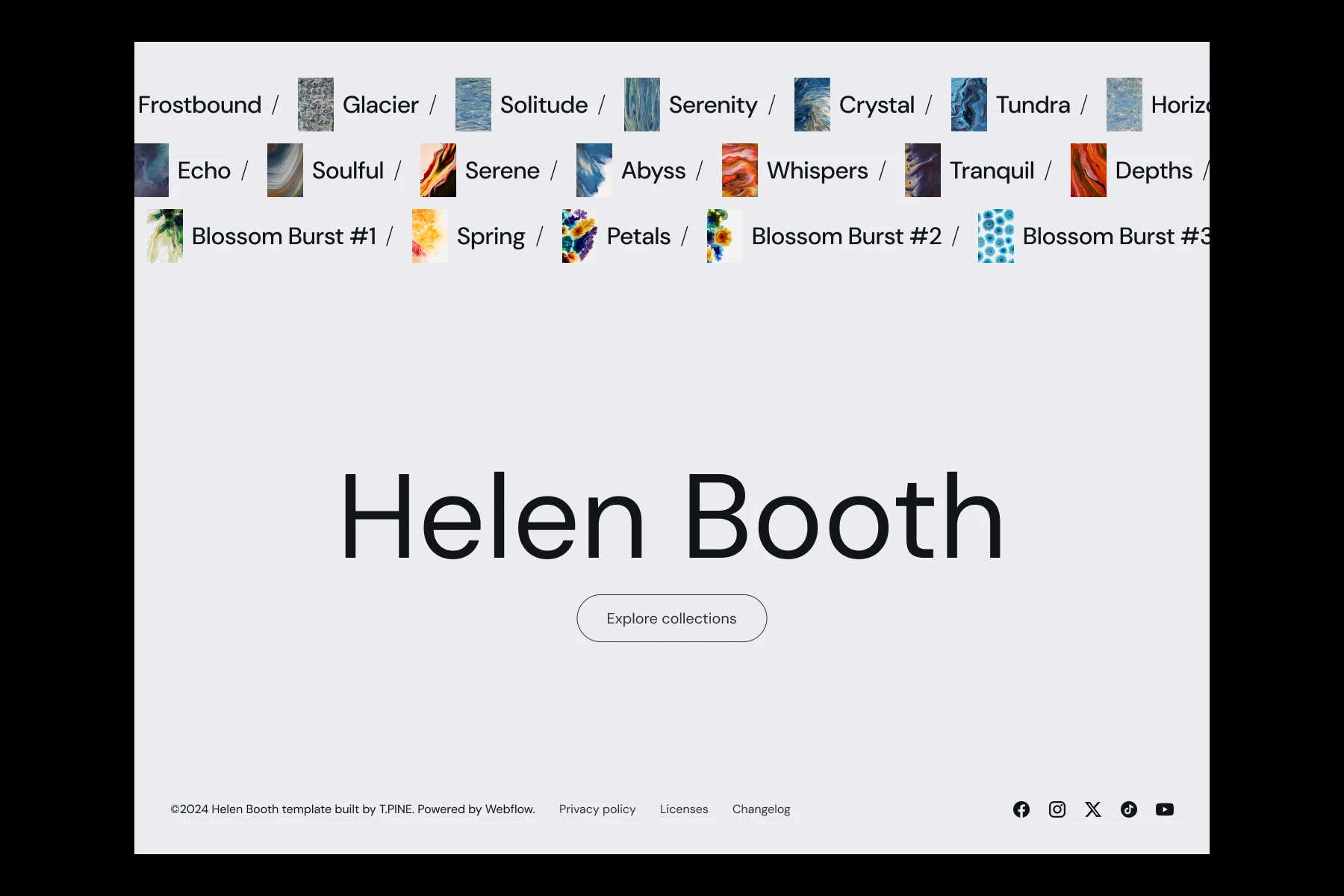Website homepage for Helen Booth featuring a collection menu with images and names like Frostbound, Glacier, Solitude, and Blossom Burst, with a central button to explore collections.