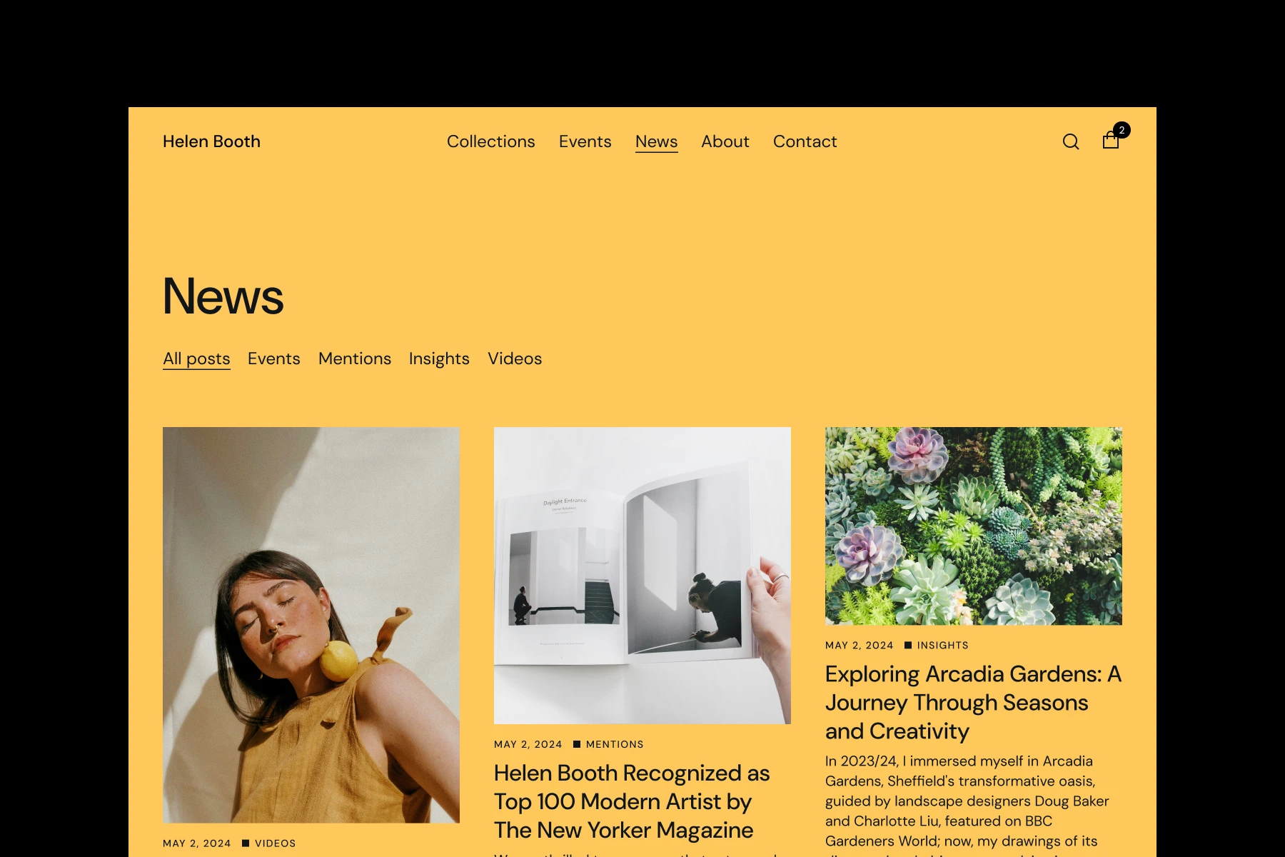Website news page with three posts: a woman in a mustard dress with a lemon on her shoulder, an open art book showing black and white photos, and a close-up of succulent plants.