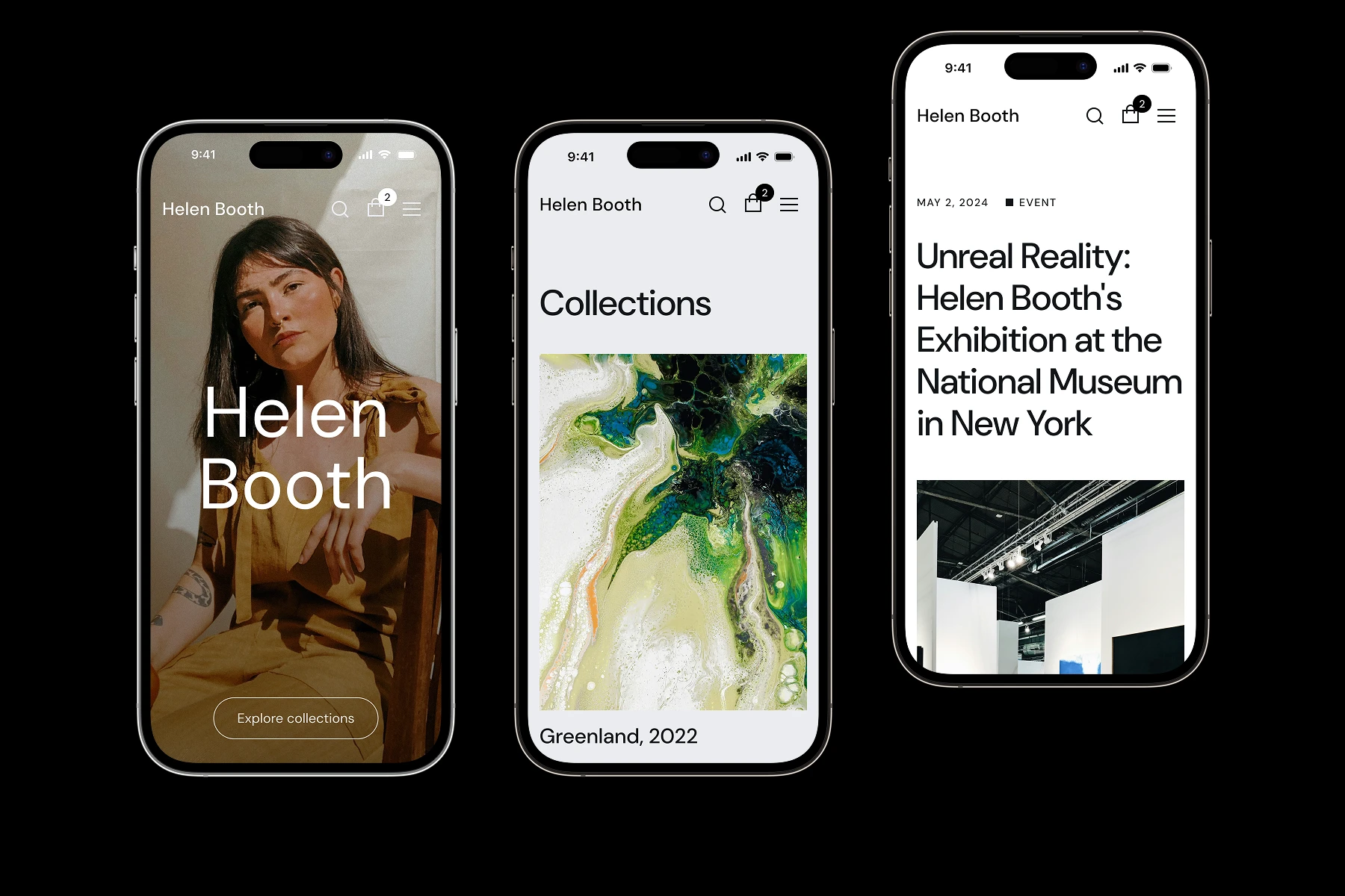 Three smartphones showing Helen Booth's website pages: a portrait of Helen Booth, an abstract collection titled Greenland 2022, and an event announcement for an exhibition at the National Museum in New York.