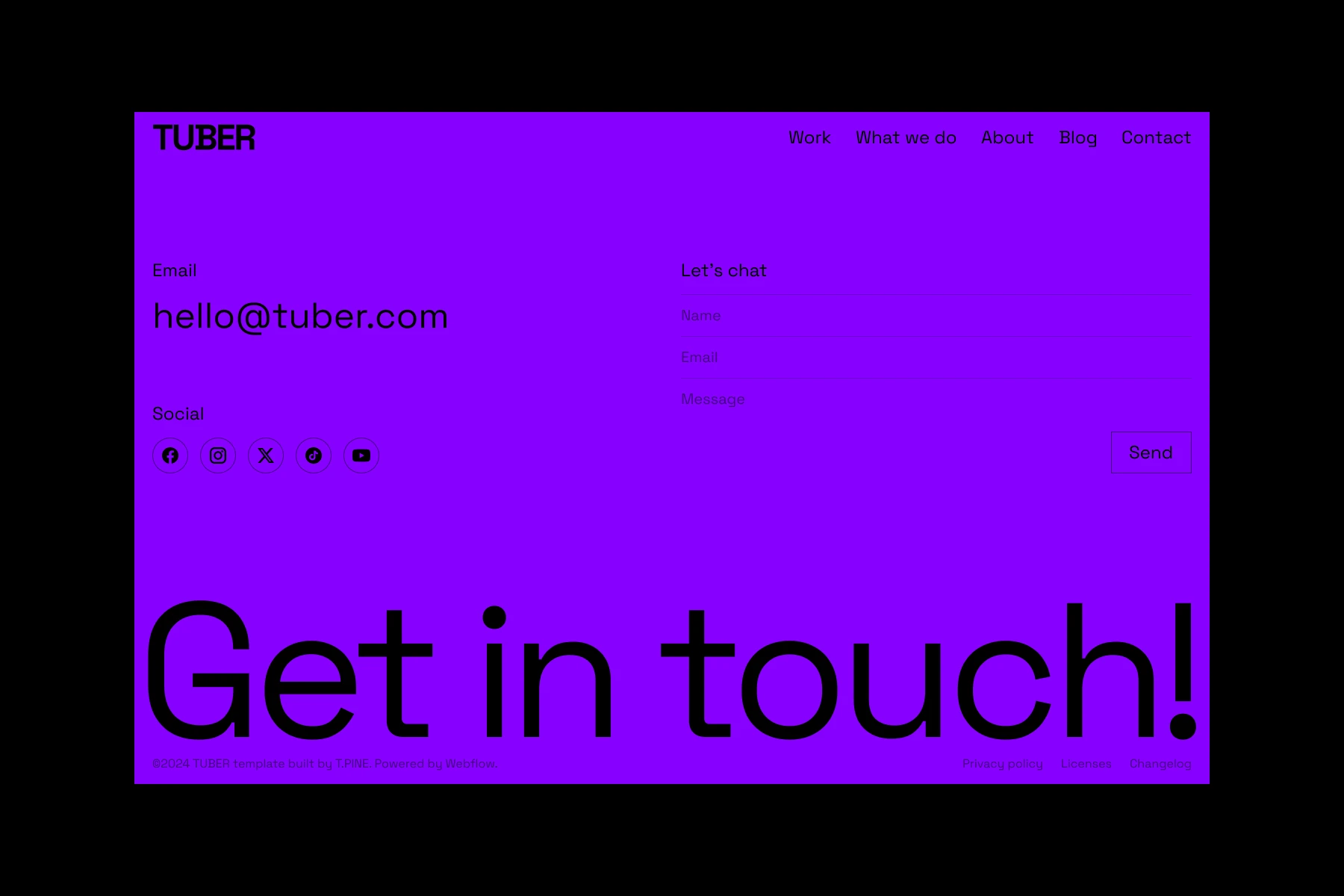 Contact page with email hello@tuber.com, social media icons, and a contact form titled Let’s chat with fields for name, email, and message plus a Send button.