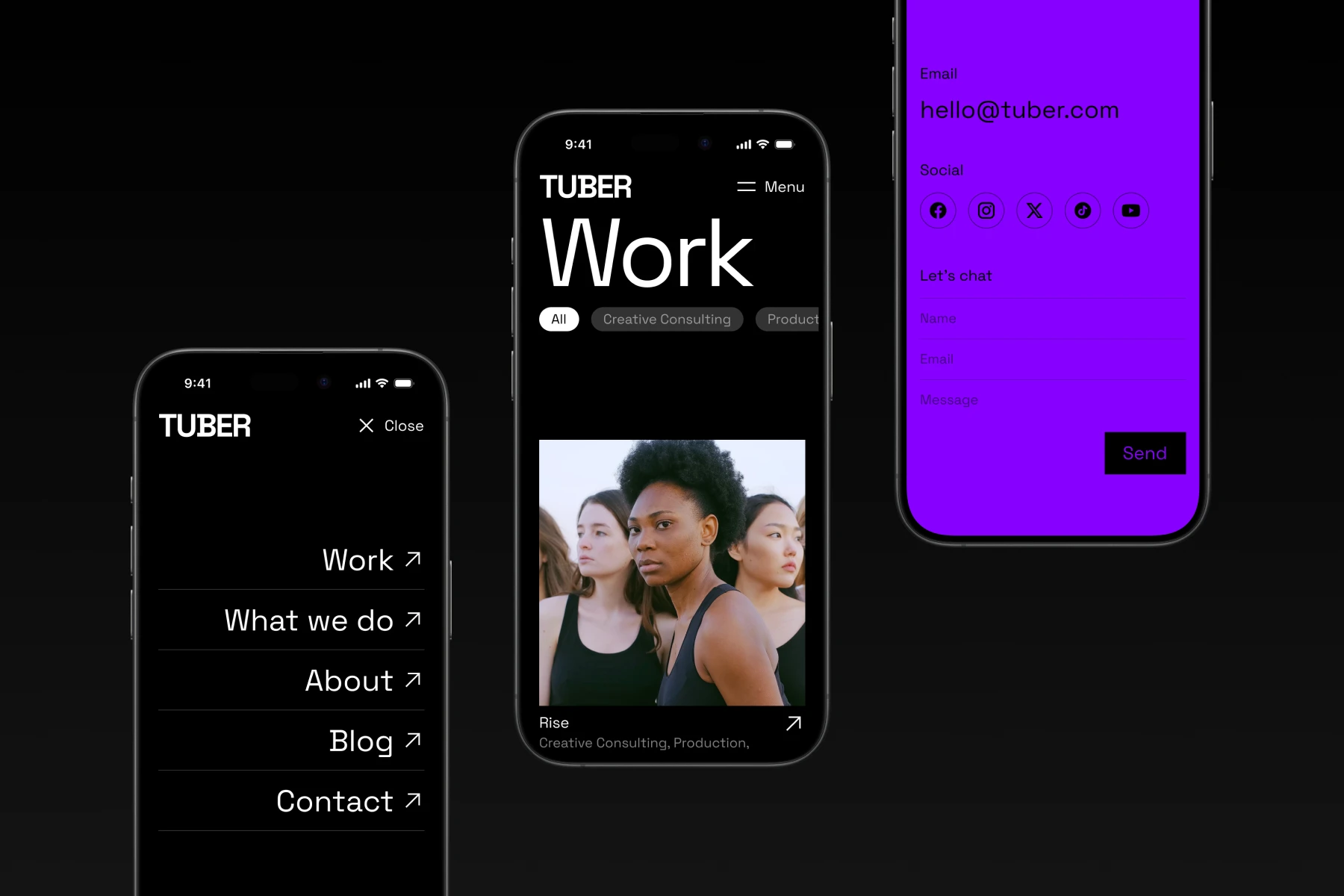 Three smartphone screens showing a black-themed TUBER website interface with a menu, work portfolio featuring a photo of four women, and a purple contact form including email and social media icons.