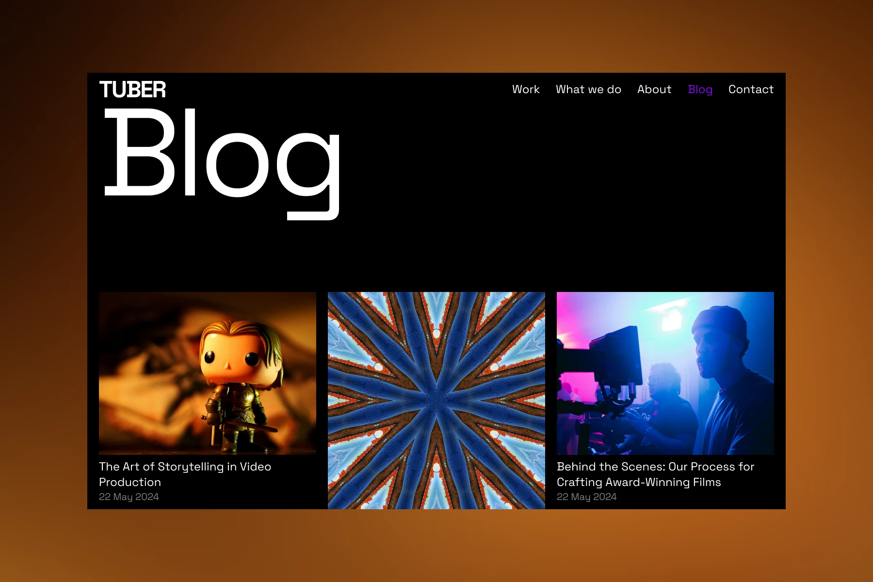 Blog page with three posts: a toy figure holding a sword, a blue and orange kaleidoscopic pattern, and two people filming with a camera in colorful lighting.