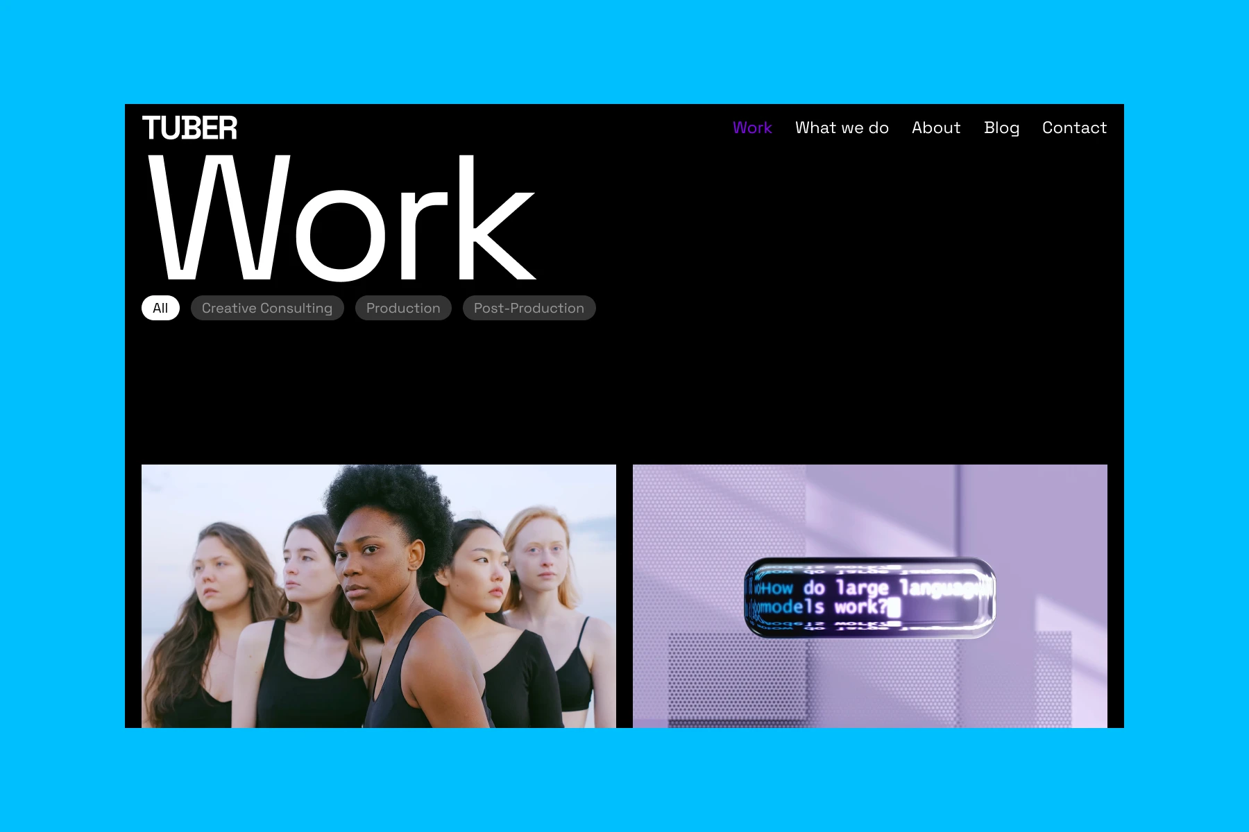 Website header with TUBER logo and navigation, featuring a group of diverse women in black tops and a floating digital screen displaying text about large language models.
