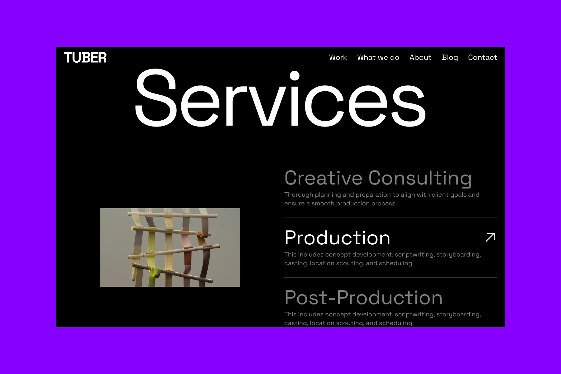 Website services page with categories: Creative Consulting, Production, and Post-Production, alongside an abstract woven art image.