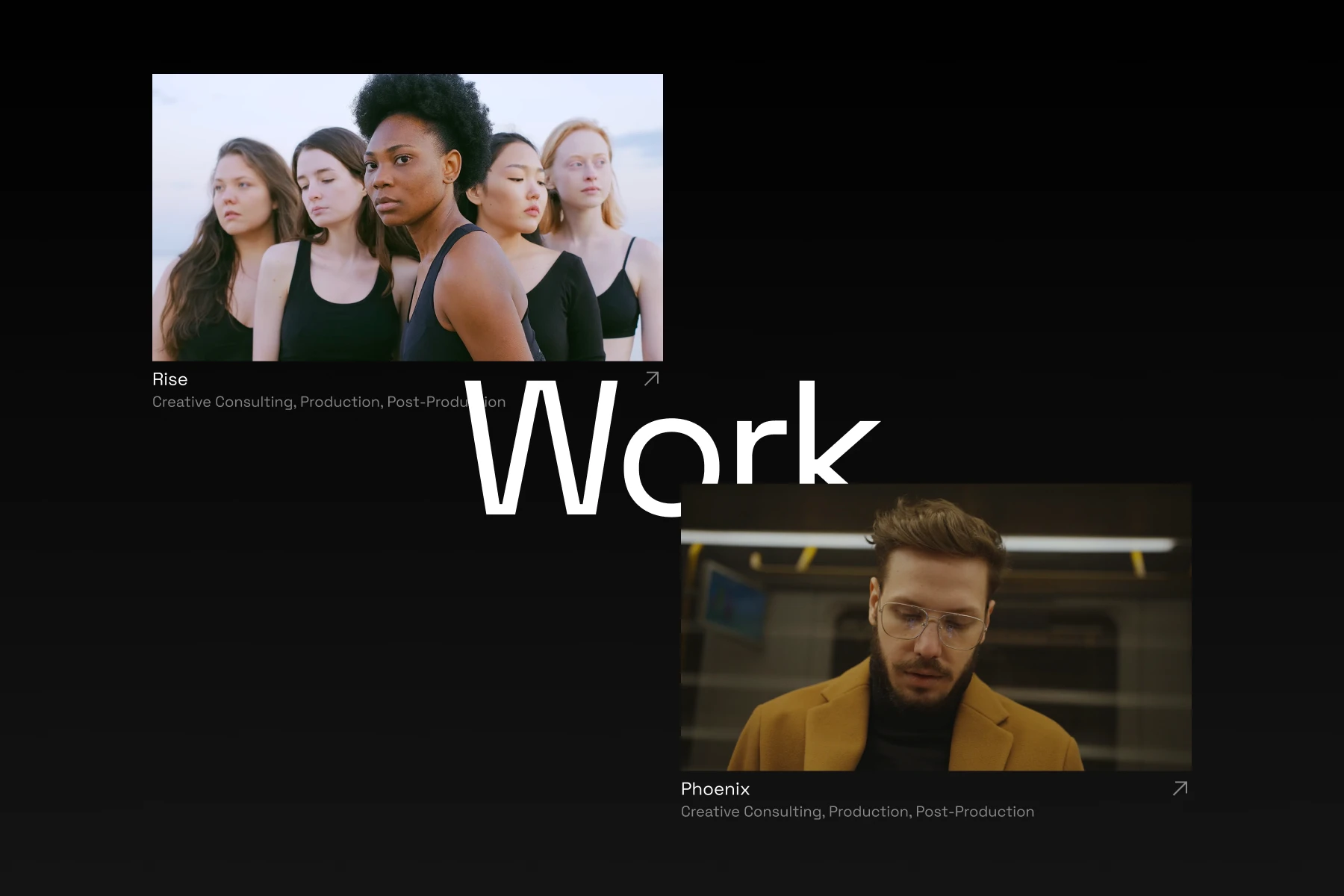 Collage with five diverse women standing close and one man with glasses and a brown coat looking down, titled 'Rise' and 'Phoenix' with creative consulting and production services noted.