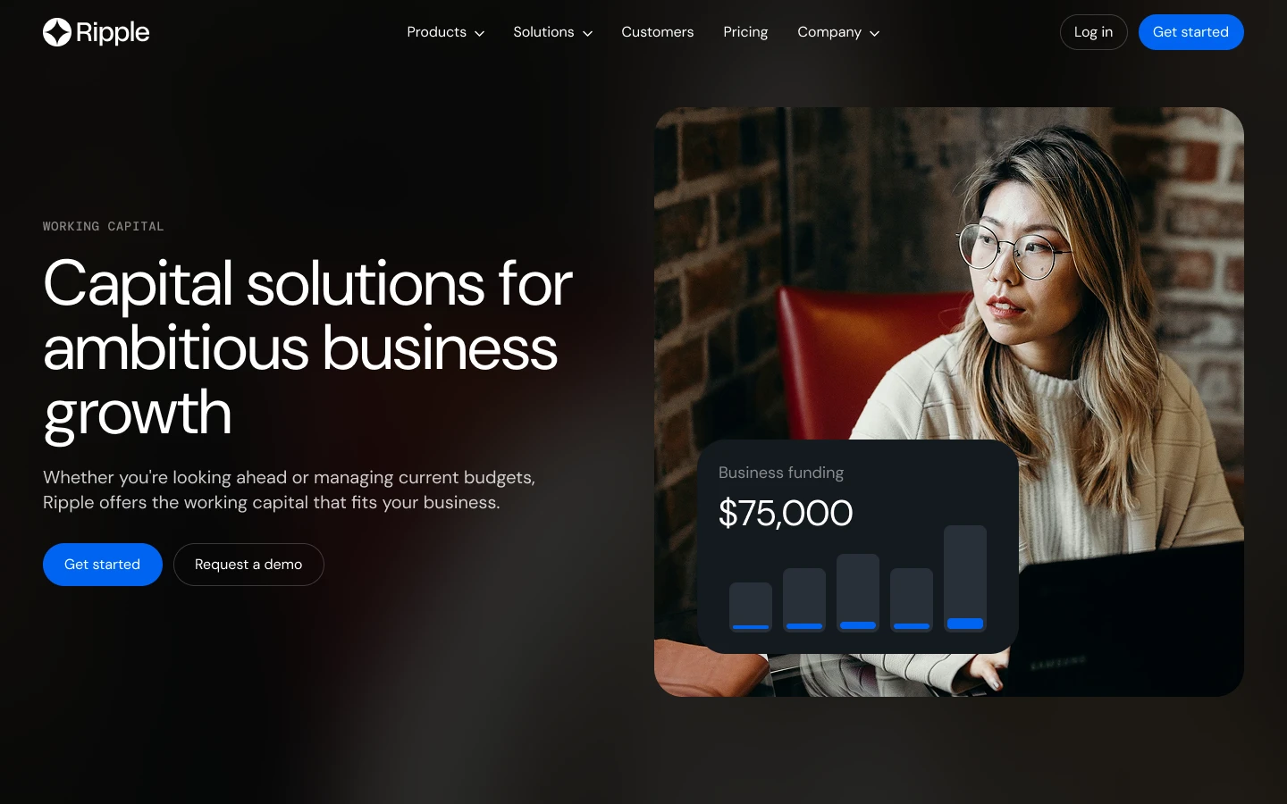 Website header with Ripple logo, navigation menu, and a woman with glasses sitting by a laptop next to a business funding graphic showing $75,000.