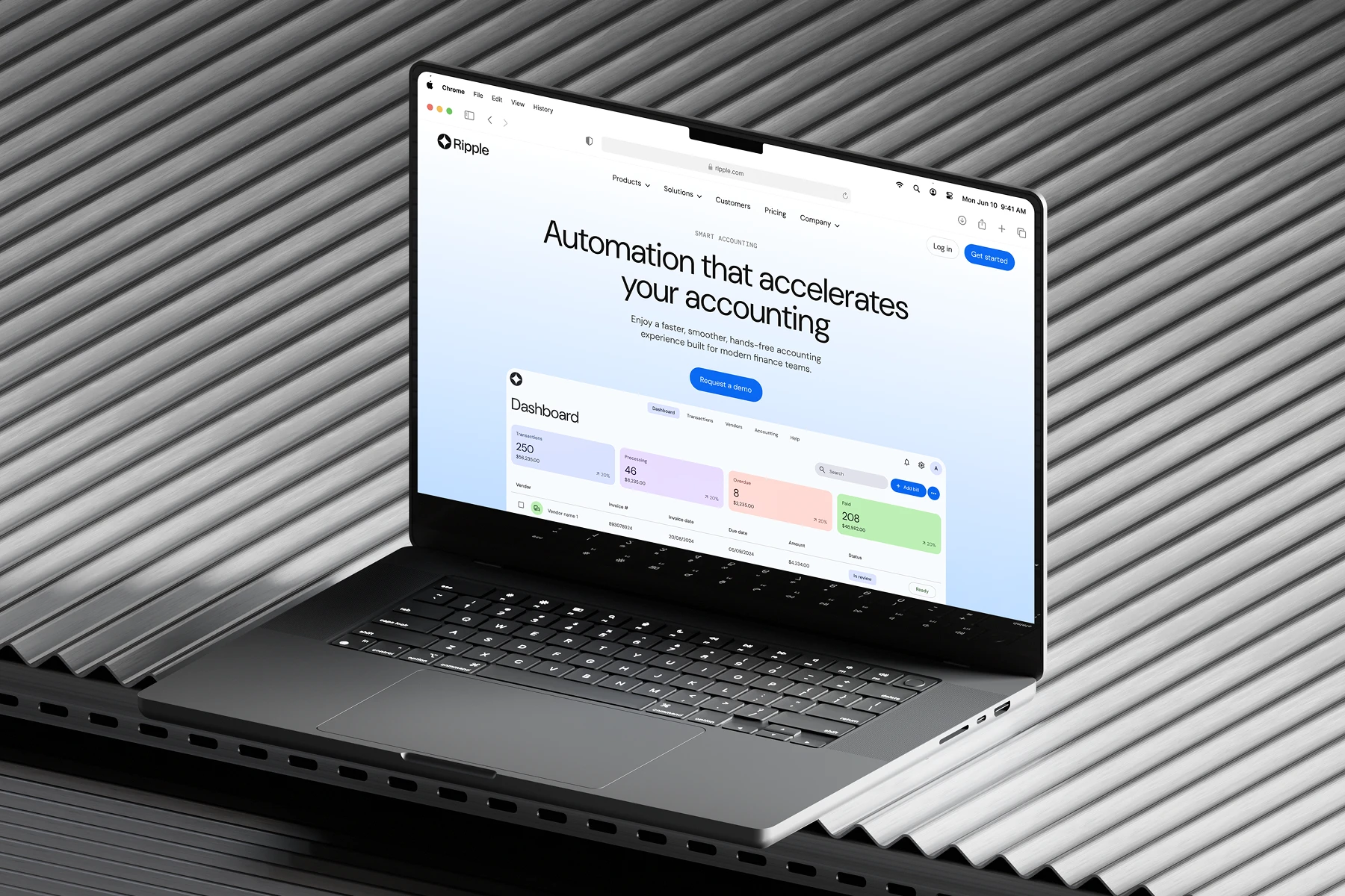 Open laptop on a corrugated metal surface displaying Ripple's automation dashboard for accounting with transaction, processing, overdue, and paid statuses.