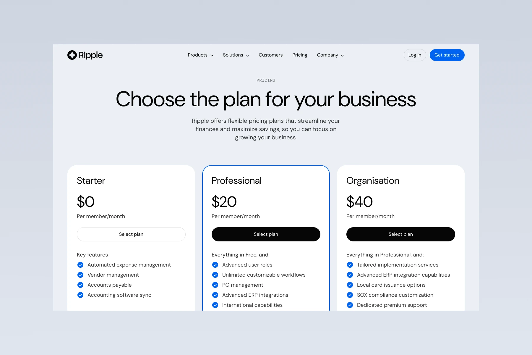 Ripple pricing page showing three business plans: Starter $0/month with key features like automated expense management; Professional $20/month including advanced user roles and workflows; Organisation $40/month with tailored implementation and premium support.