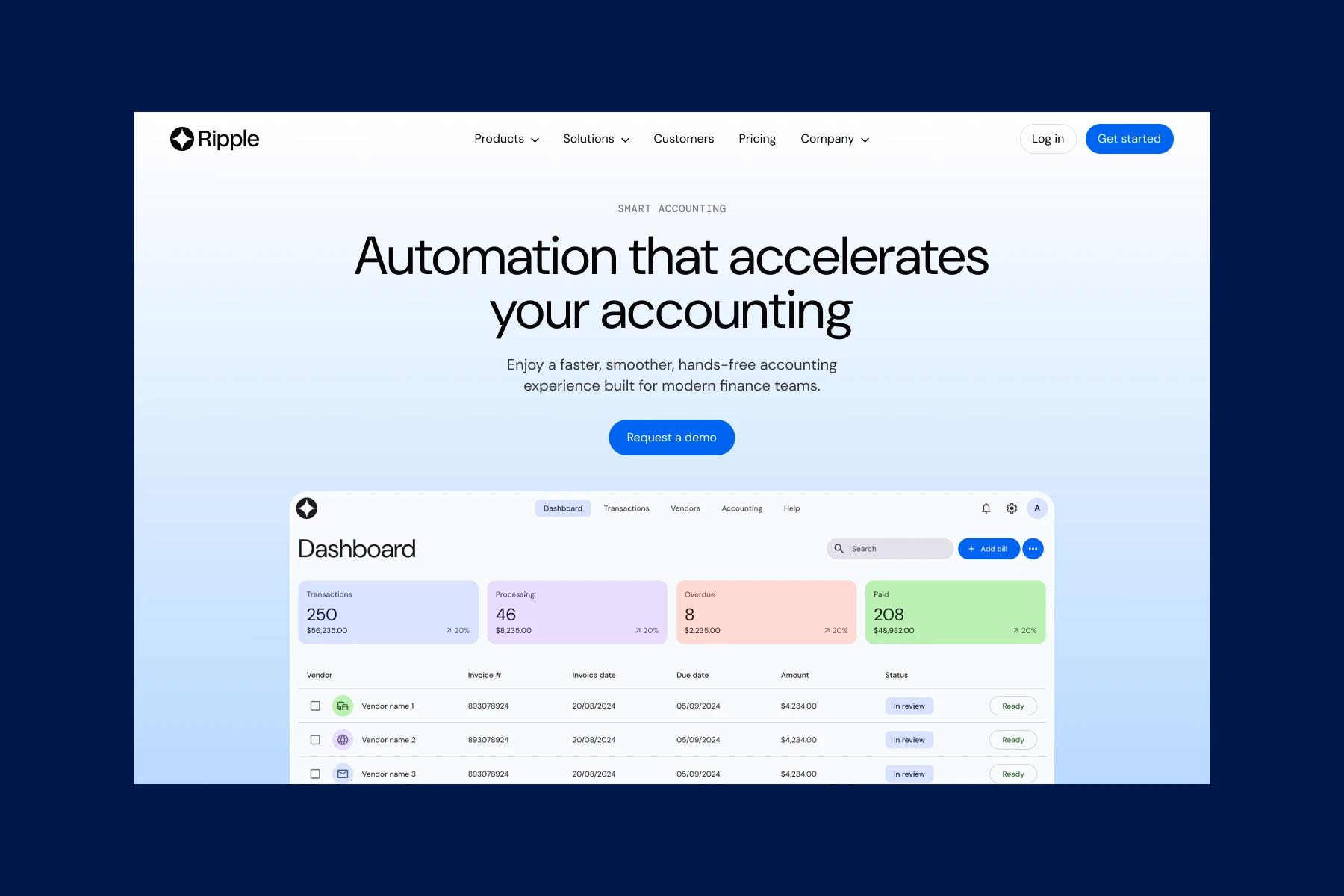 Ripple website homepage showing automation software for accounting with dashboard summary of transactions, processing, overdue, and paid amounts.
