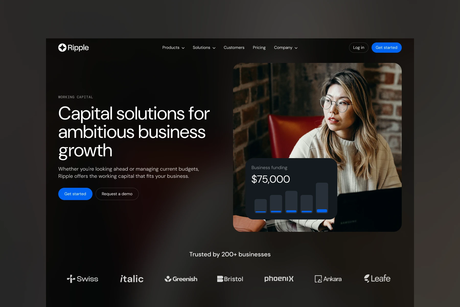 Website homepage for Ripple showing a woman with glasses working on a laptop and a business funding graphic indicating $75,000.