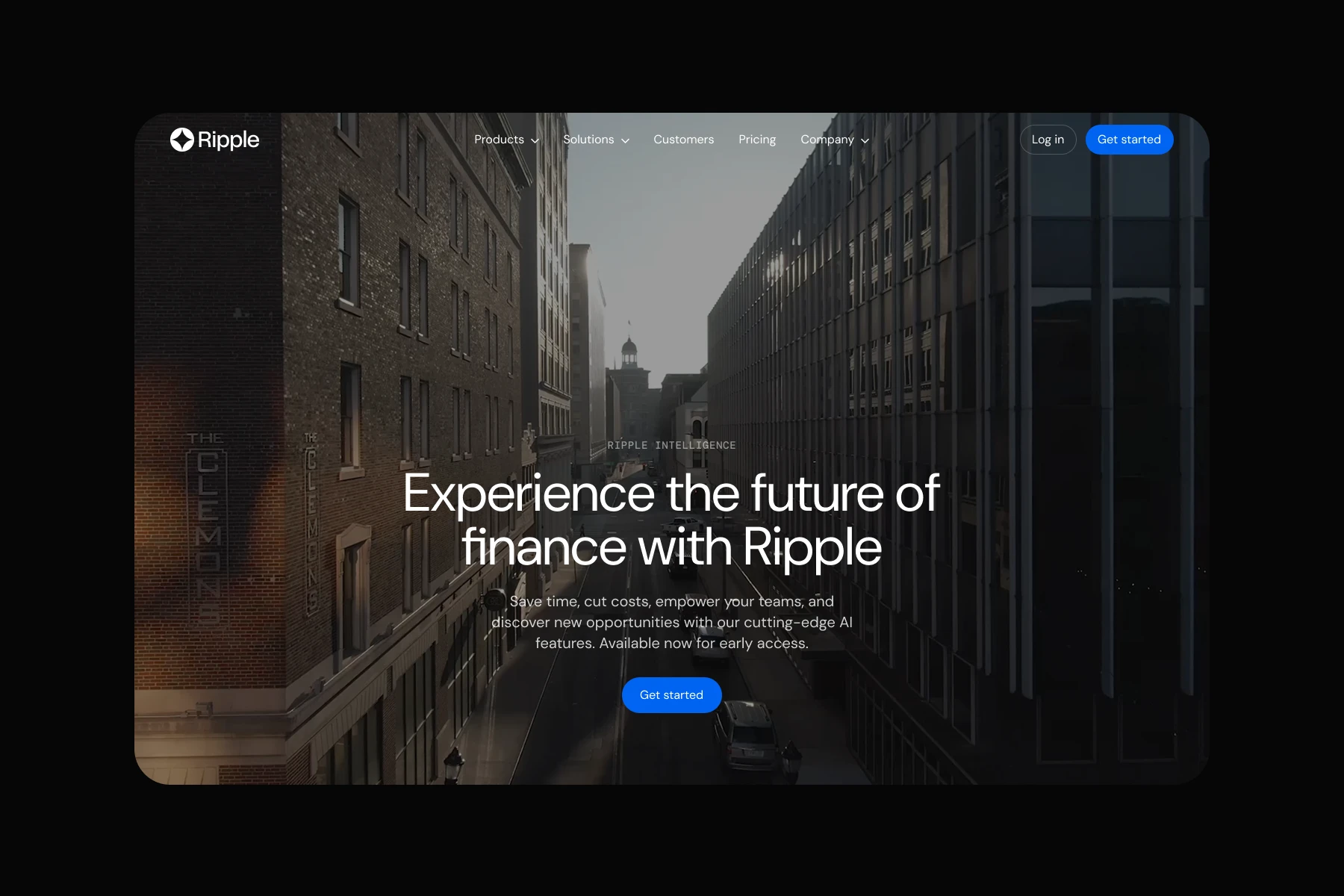 City street between tall brick and glass buildings at sunset with text promoting Ripple's finance AI technology and a blue Get started button.