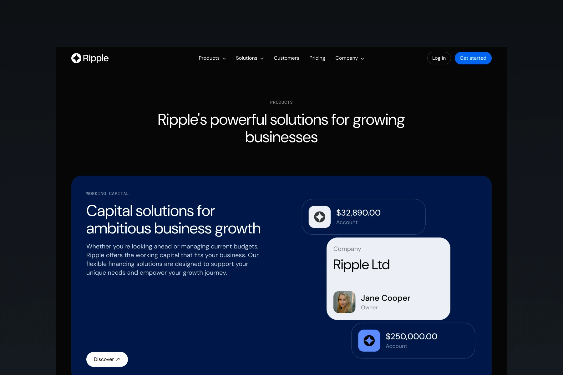 Ripple website section showing capital solutions for business growth with account balances and owner Jane Cooper for Ripple Ltd.