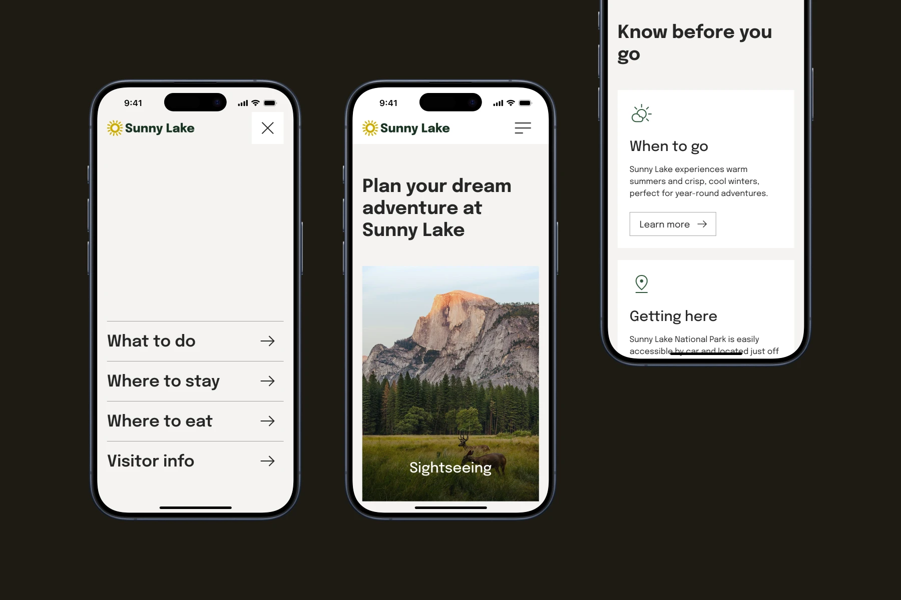 Three smartphone screens showing Sunny Lake travel app with menu options, a mountain sightseeing page, and travel tips including when to go and getting here.