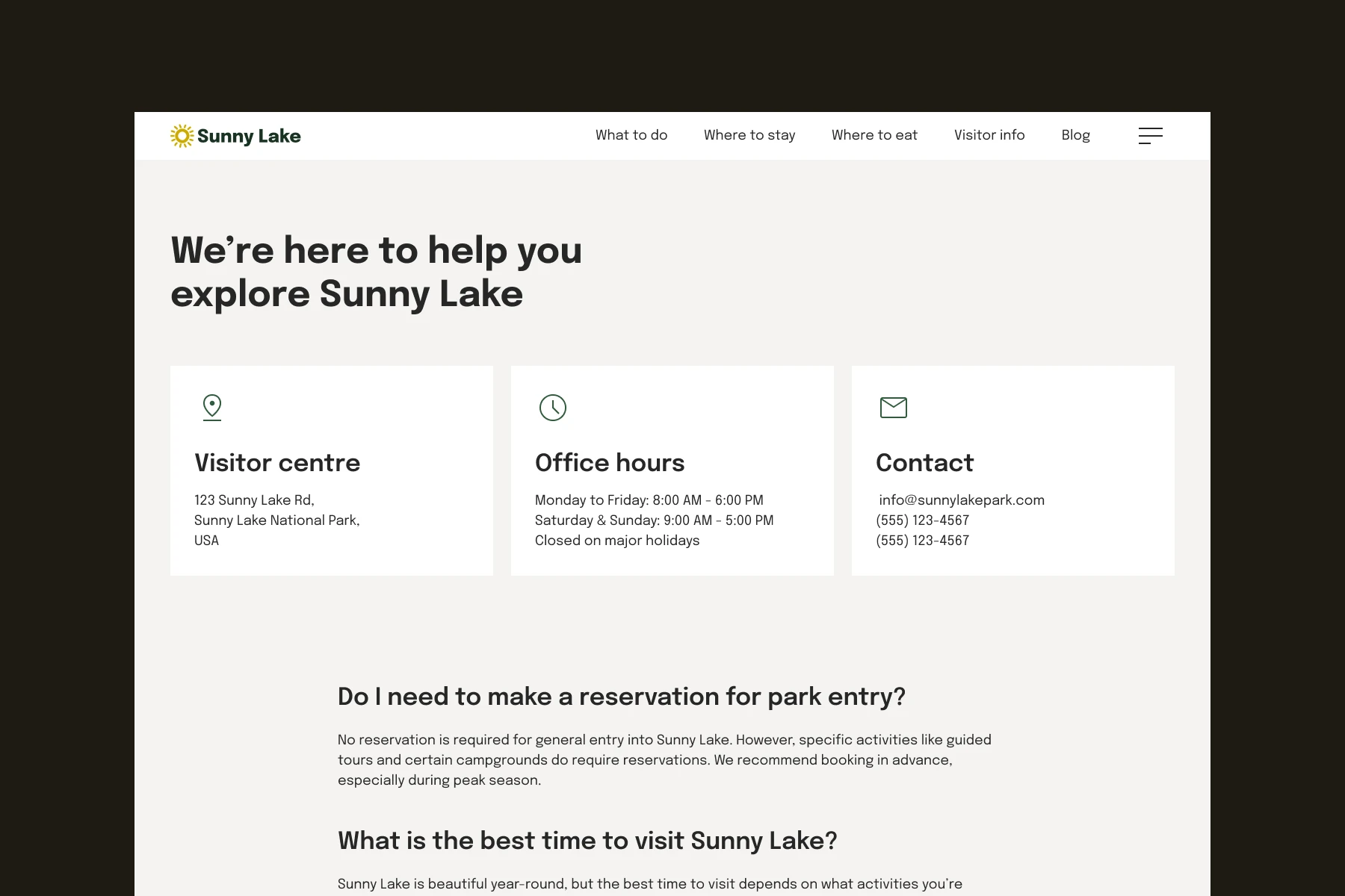 Sunny Lake website section providing visitor centre address, office hours, and contact details with information about reservations and best visit times.