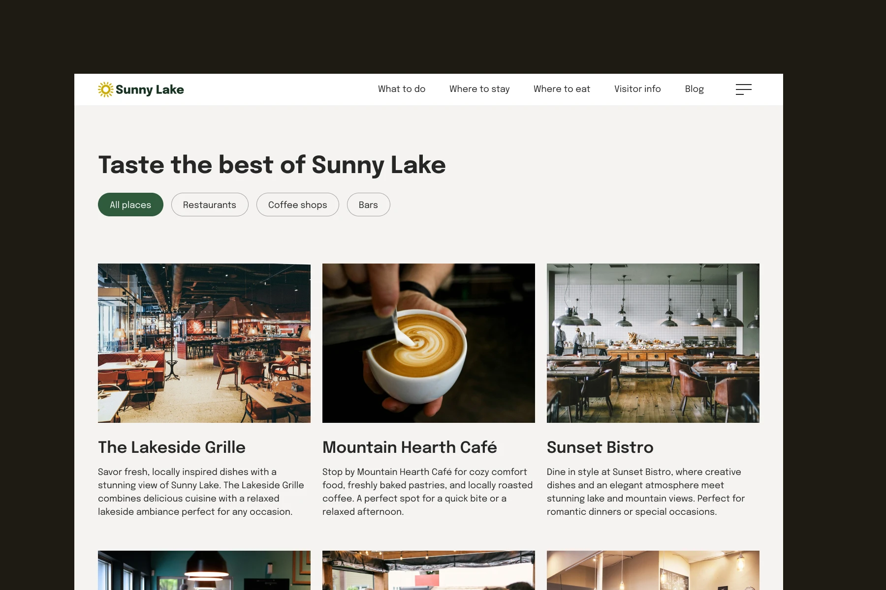 Website section with photos and descriptions of three Sunny Lake dining places: a spacious restaurant interior, a hand pouring milk into a coffee cup, and a bistro dining area with tables and chairs.