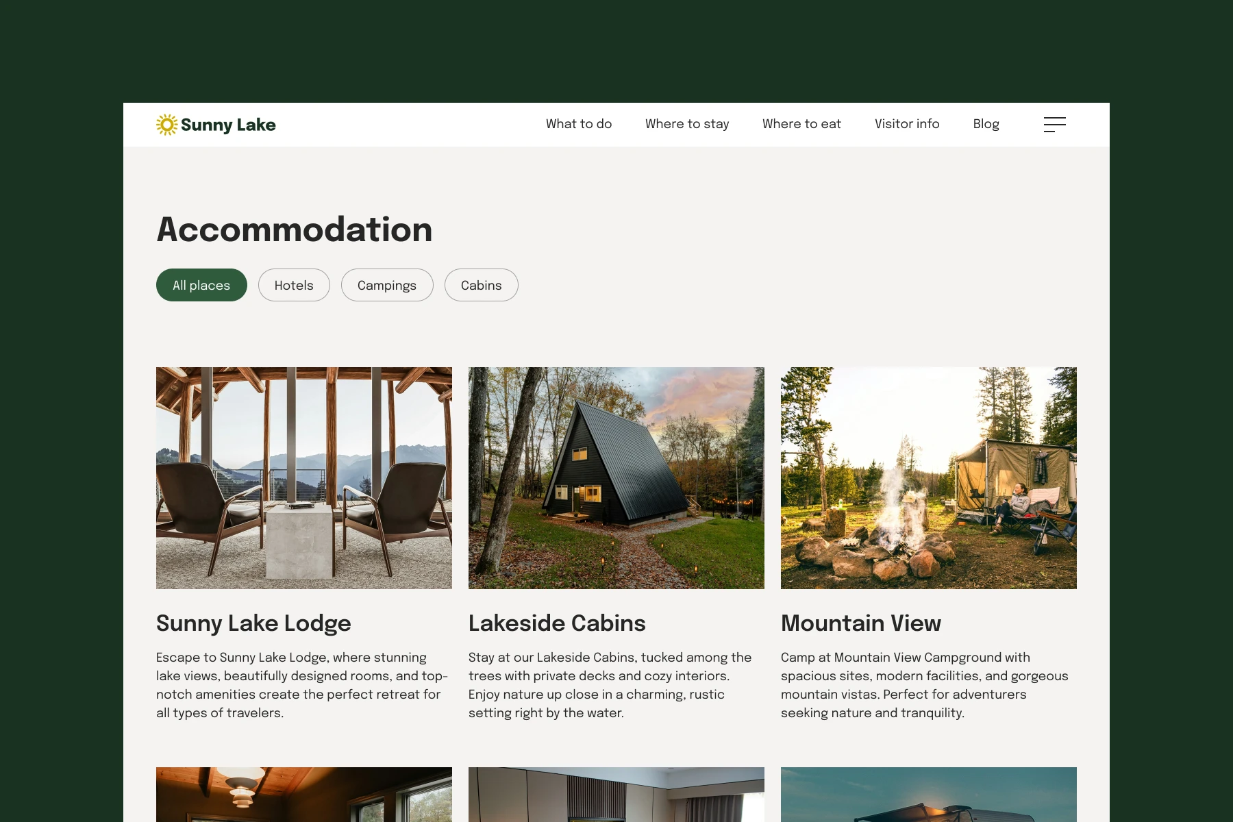 Accommodation options page with images of Sunny Lake Lodge, Lakeside Cabins, and Mountain View campground featuring chairs with a lake view, an A-frame cabin, and a campsite with a fire pit.