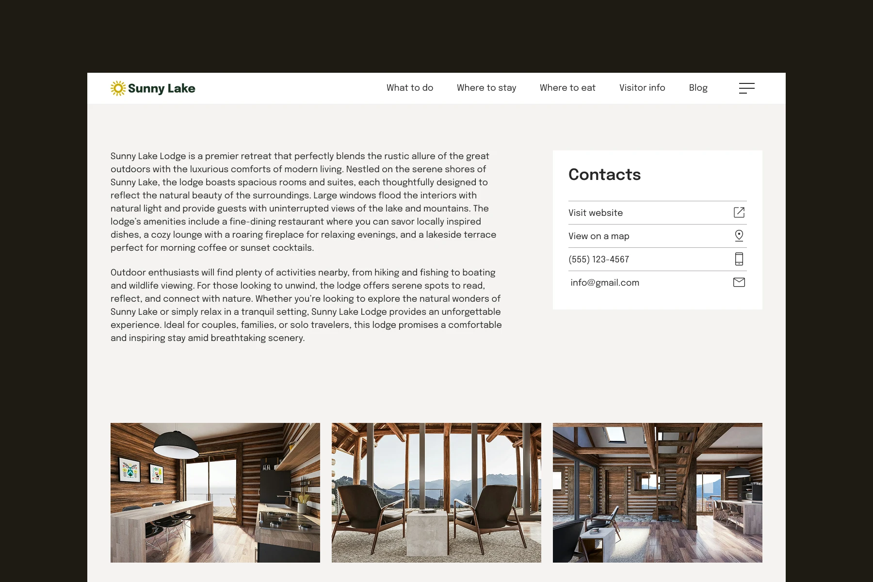 Website page for Sunny Lake Lodge with lodge description, contact info, and three photos showing rustic wooden interiors and lake views.