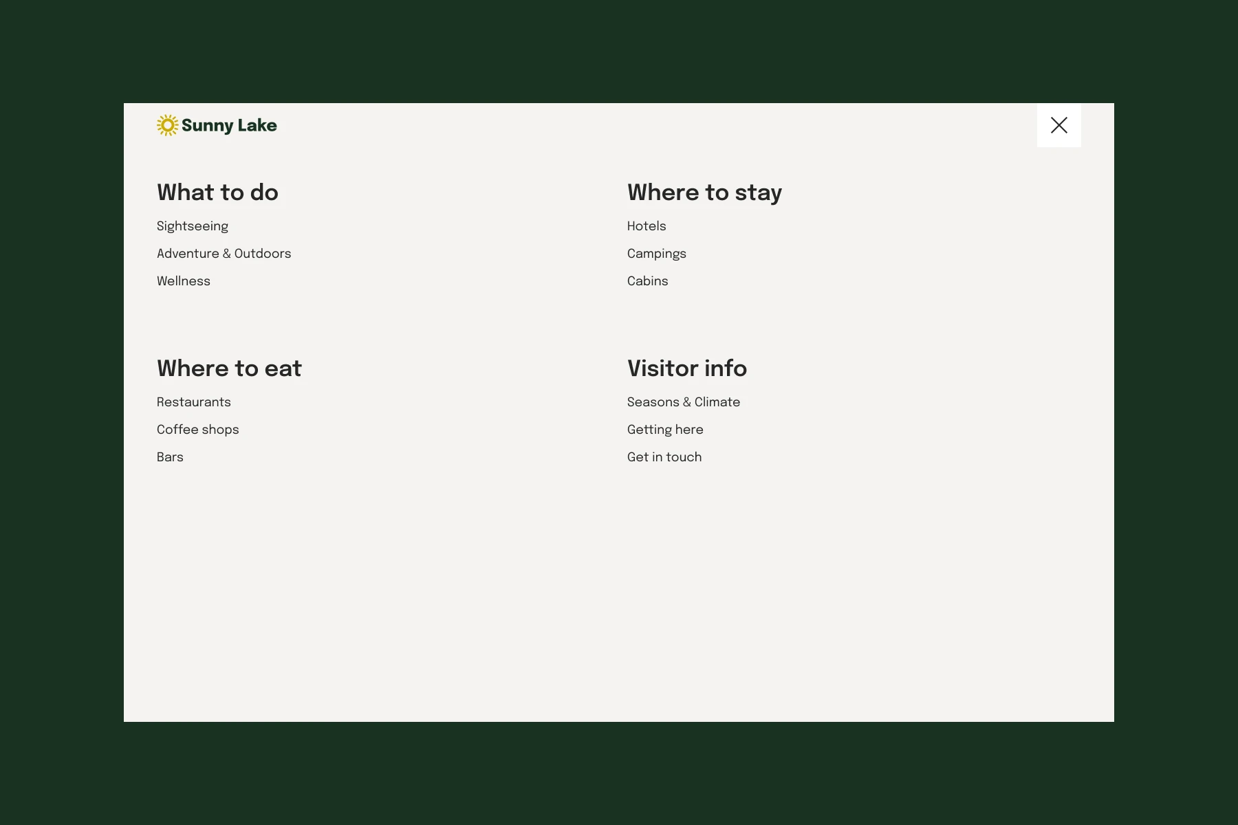 Menu for Sunny Lake with categories: What to do (Sightseeing, Adventure & Outdoors, Wellness), Where to eat (Restaurants, Coffee shops, Bars), Where to stay (Hotels, Campings, Cabins), Visitor info (Seasons & Climate, Getting here, Get in touch).