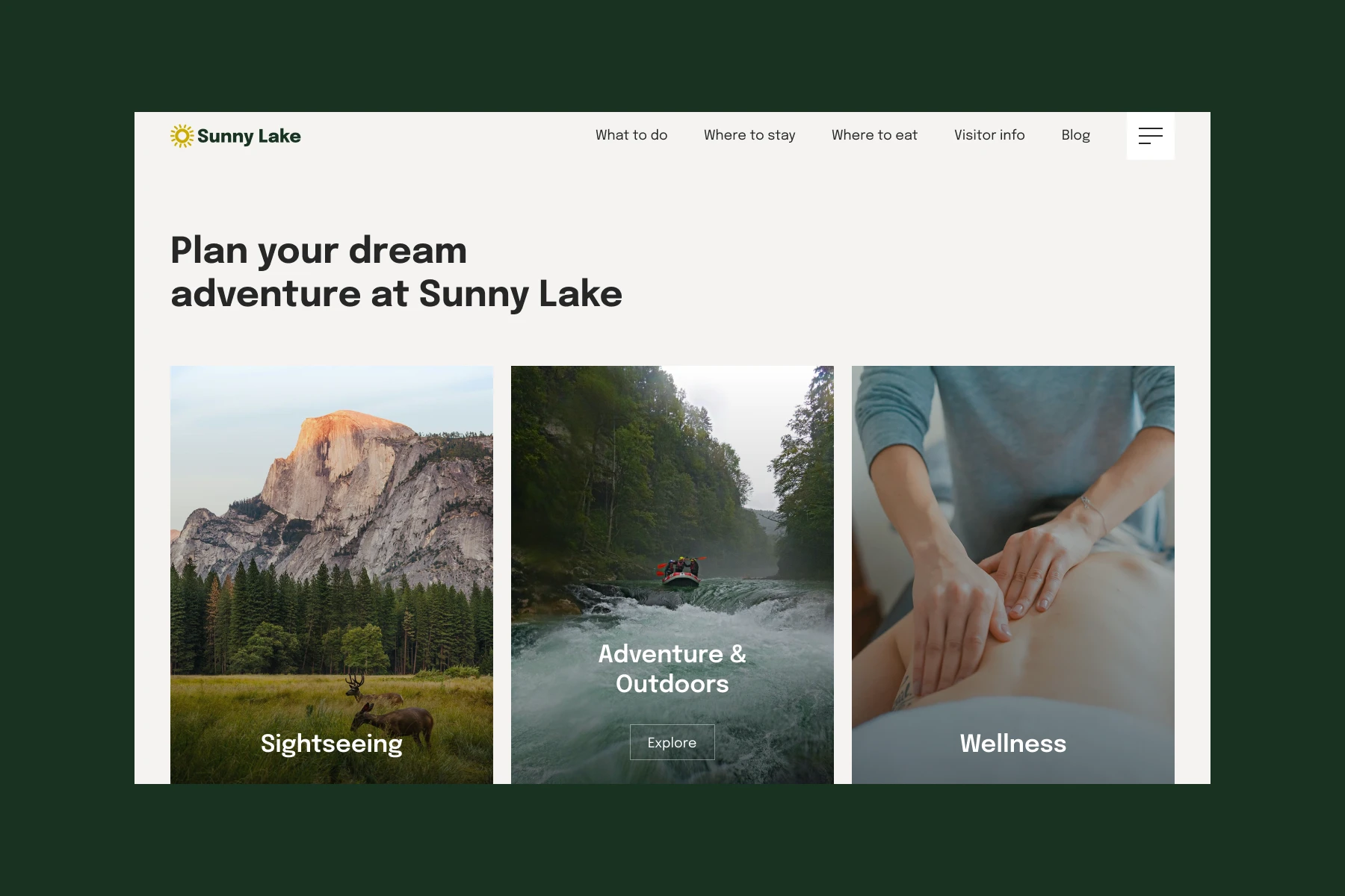 Website homepage for Sunny Lake featuring options to plan adventures with images of mountain sightseeing with deer, white-water rafting for adventure and outdoors, and a person receiving a back massage for wellness.