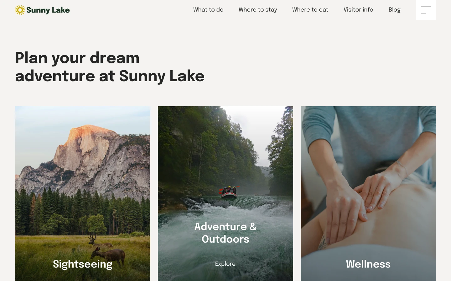 Website banner for Sunny Lake showing sections for Sightseeing with elk in a forested valley, Adventure & Outdoors with people rafting on a river, and Wellness with a person receiving a back massage.