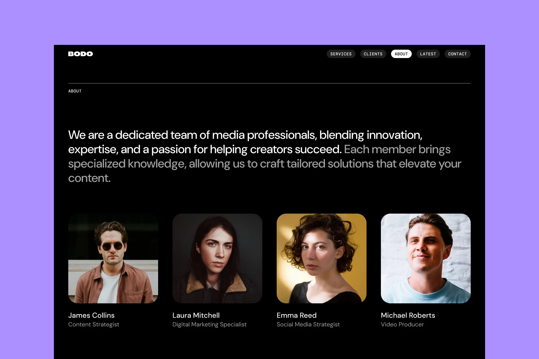 Team section with portraits of James Collins, Laura Mitchell, Emma Reed, and Michael Roberts, media professionals with roles listed below each photo.
