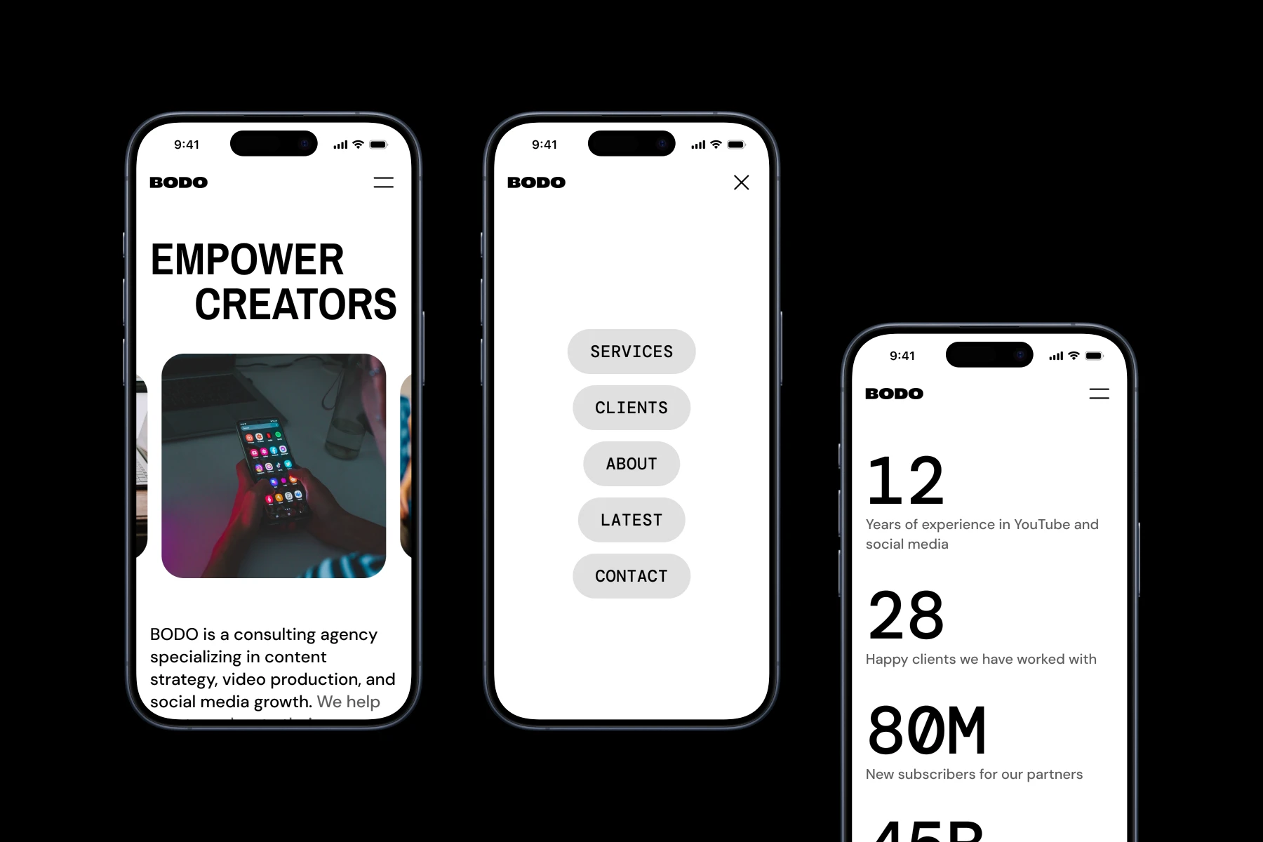 Three smartphones displaying a consulting agency app named BODO, showing homepage with 'Empower Creators,' menu with services and contact buttons, and statistics of experience, clients, and subscribers.