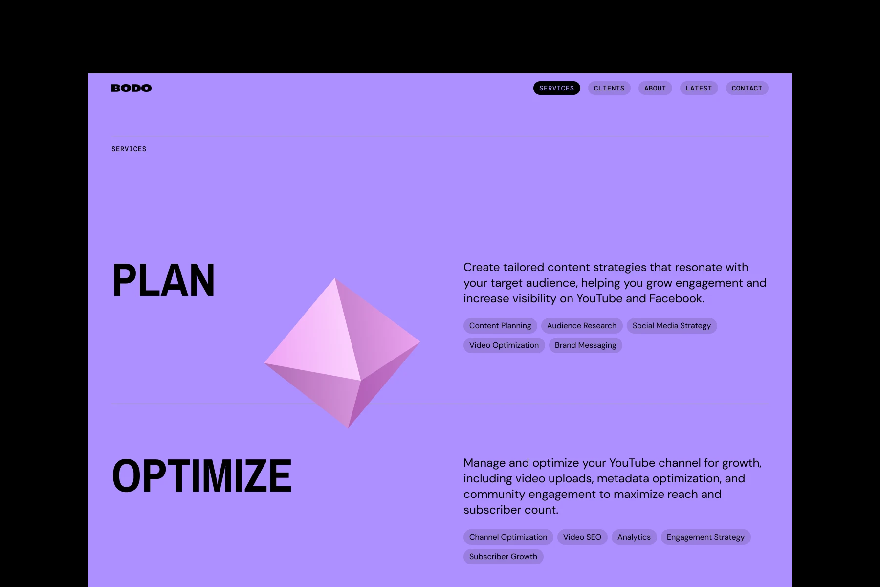 Purple webpage section titled Services with headings 'Plan' and 'Optimize' outlining content strategy and YouTube channel growth, with related keywords and a 3D geometric shape in the center.