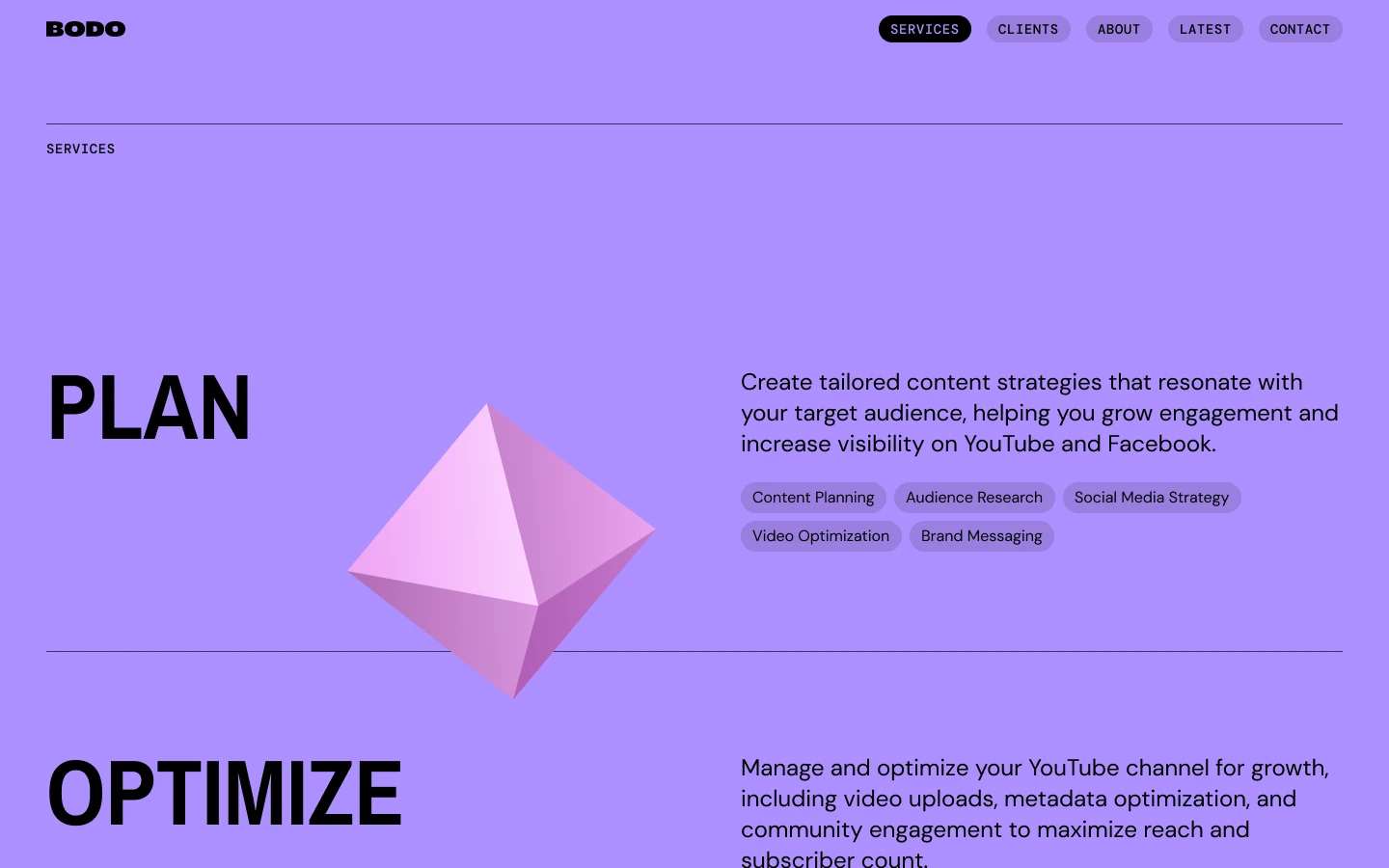 Website section with a violet background featuring a geometric pink 3D shape, headings 'PLAN' and 'OPTIMIZE', and text describing tailored content strategies and YouTube channel optimization services.