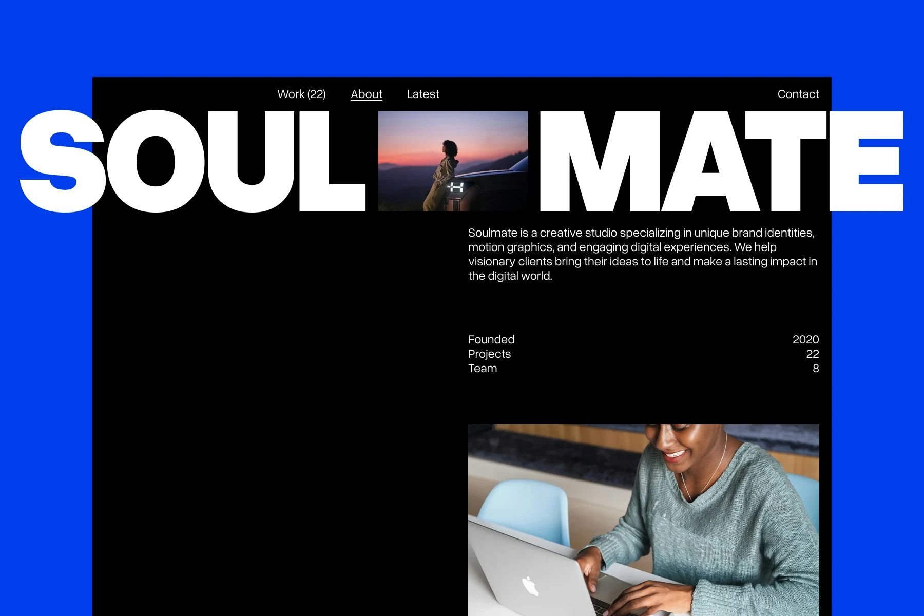 Website section showing a creative studio named Soulmate with navigation links and images of a person leaning on a car at sunset and a smiling woman working on a laptop.