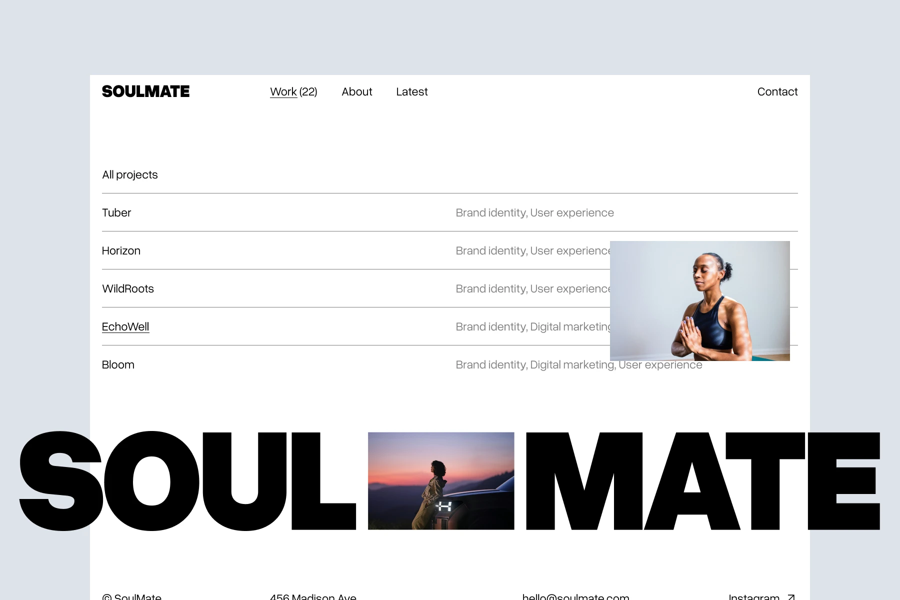 Website page for Soulmate showing a navigation menu with links to Work, About, Latest, and Contact, a project list with categories, and large bold SOULMATE text with an image of a person standing near a car at sunset inside the letter O.