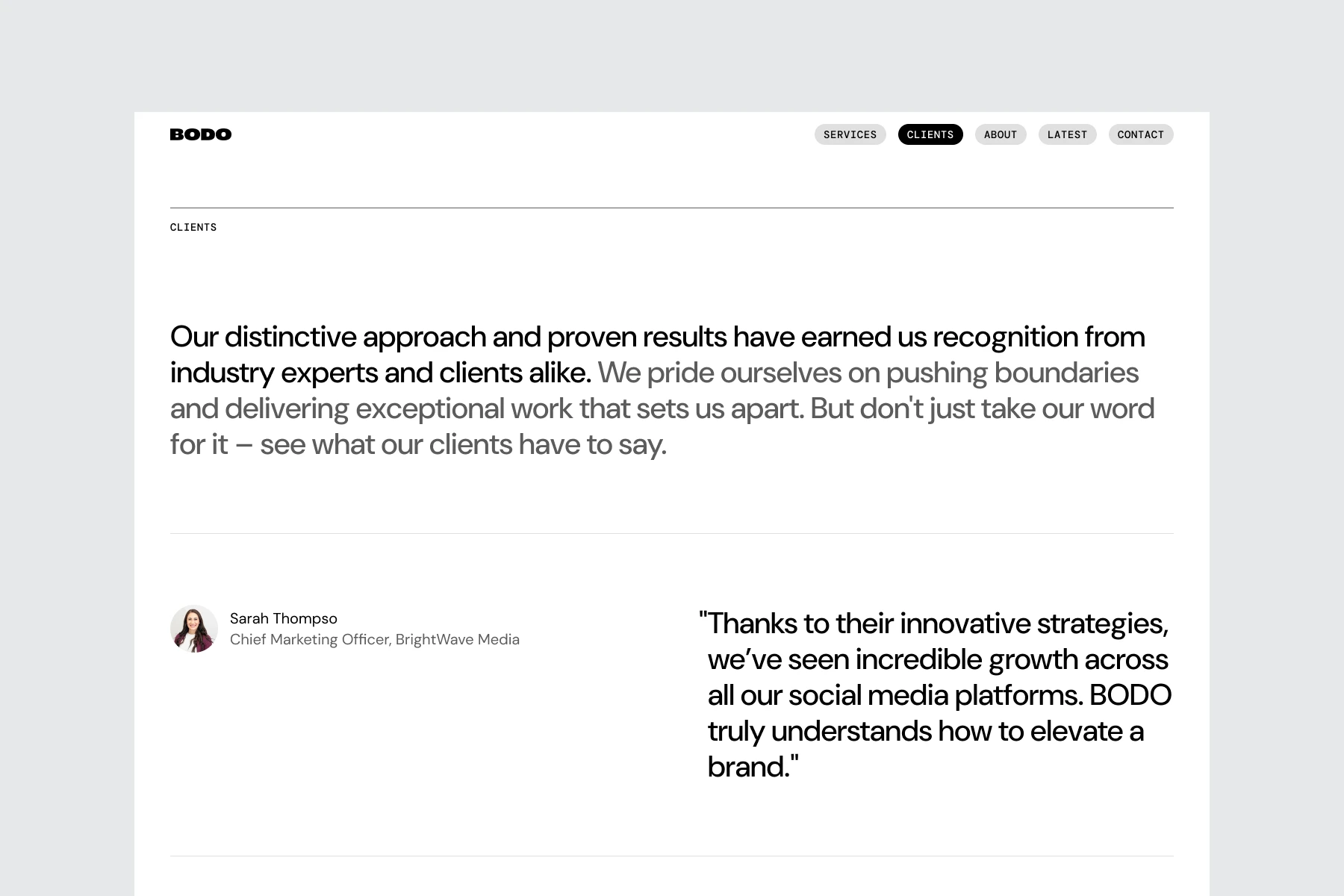 BODO clients page with testimonial from Sarah Thompson, Chief Marketing Officer at BrightWave Media, praising BODO's innovative strategies and brand elevation.
