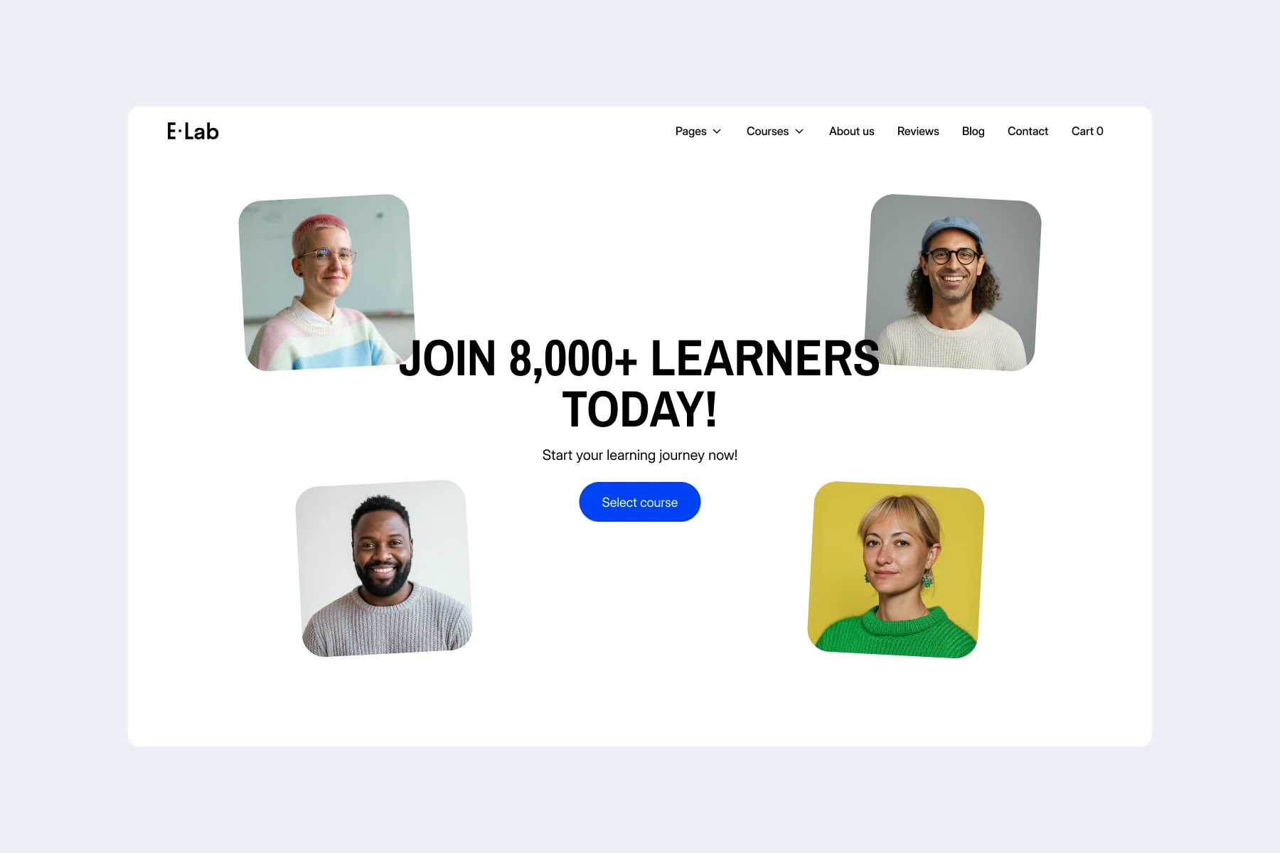E-Lab webpage featuring four diverse smiling learners around text inviting to join 8,000+ learners and a blue Select course button.