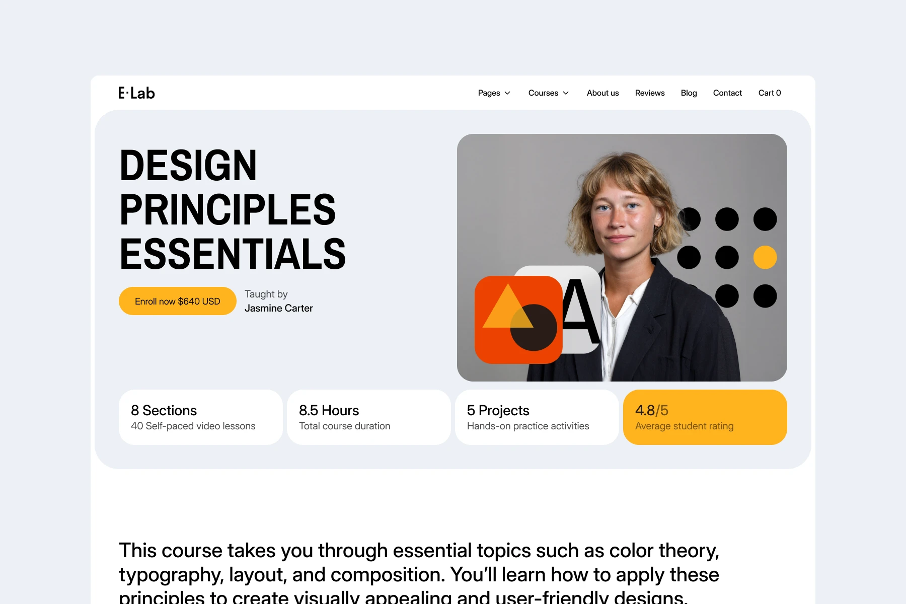 Web page advertising the course Design Principles Essentials taught by Jasmine Carter with course details and a photo of a woman with short blonde hair in a black blazer.