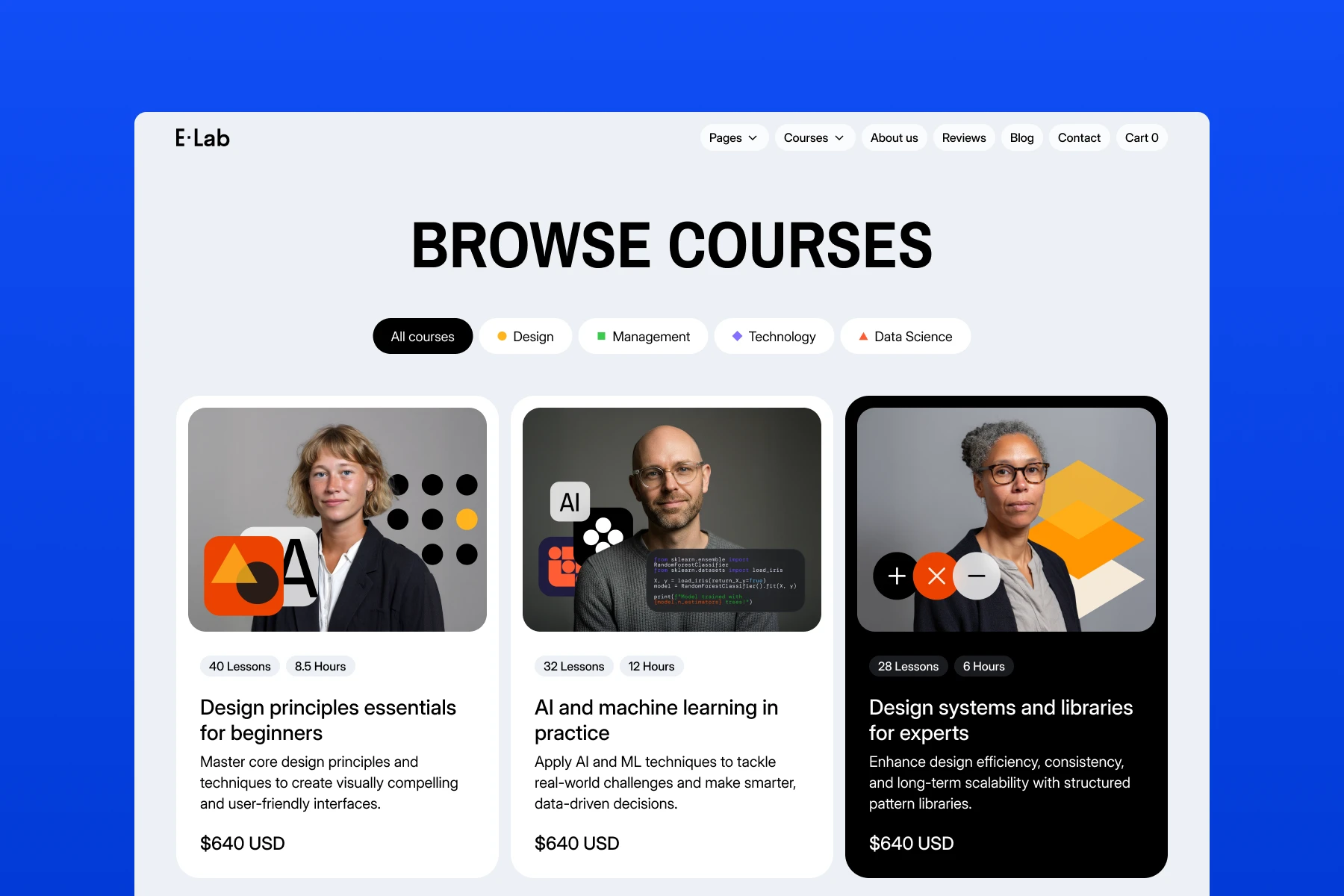 Webpage listing three online courses with images of instructors and course details including lessons, hours, titles, descriptions, and prices.