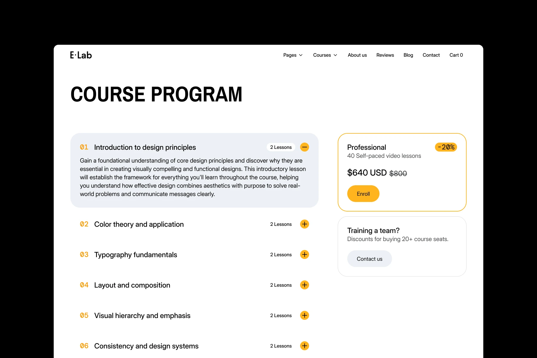 E-Lab course program webpage listing design course modules with descriptions, lesson counts, and enrollment pricing showing a 20% discount for the Professional plan at $640 USD.